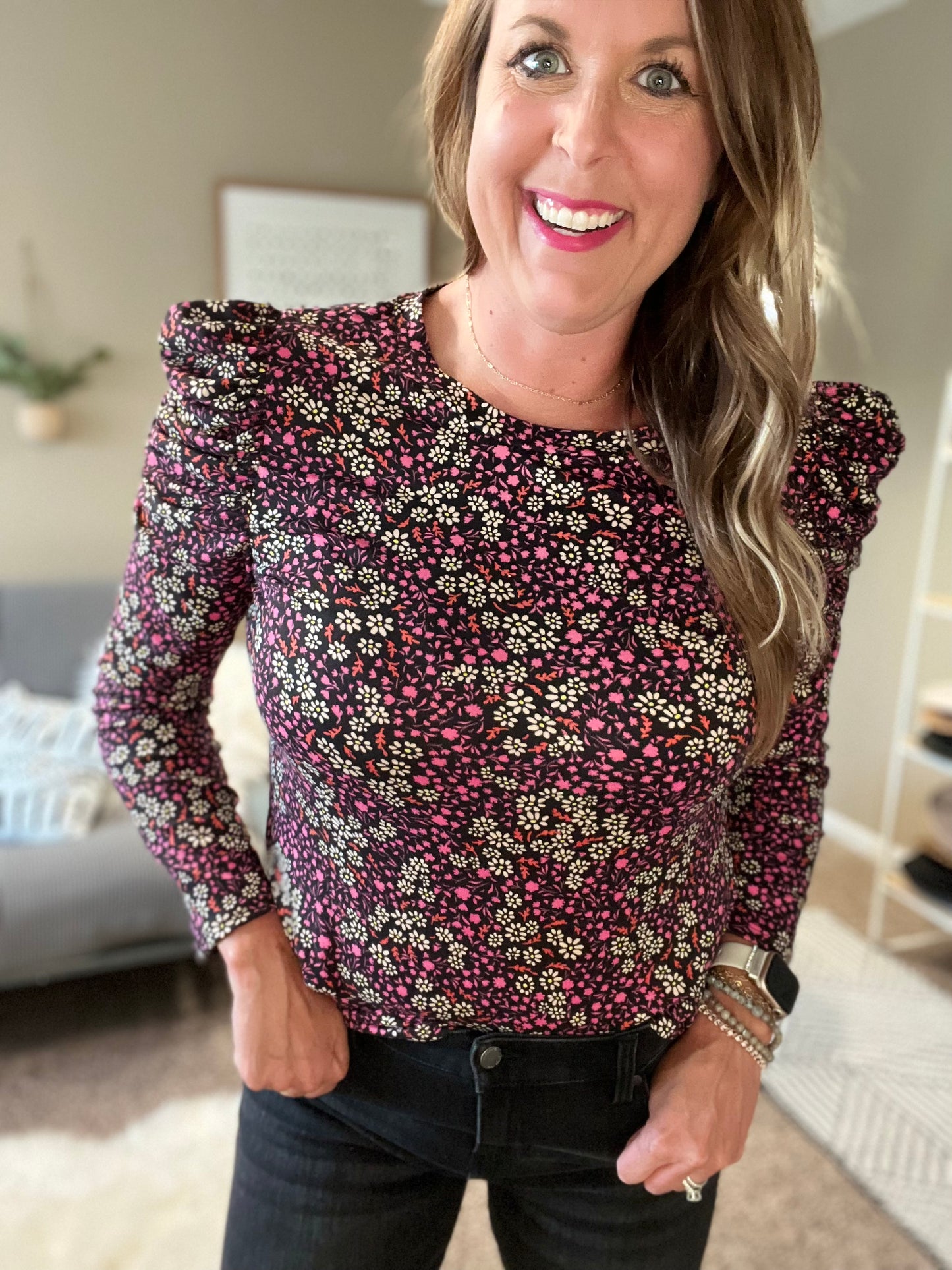 Long puff sleeve print top black/purple