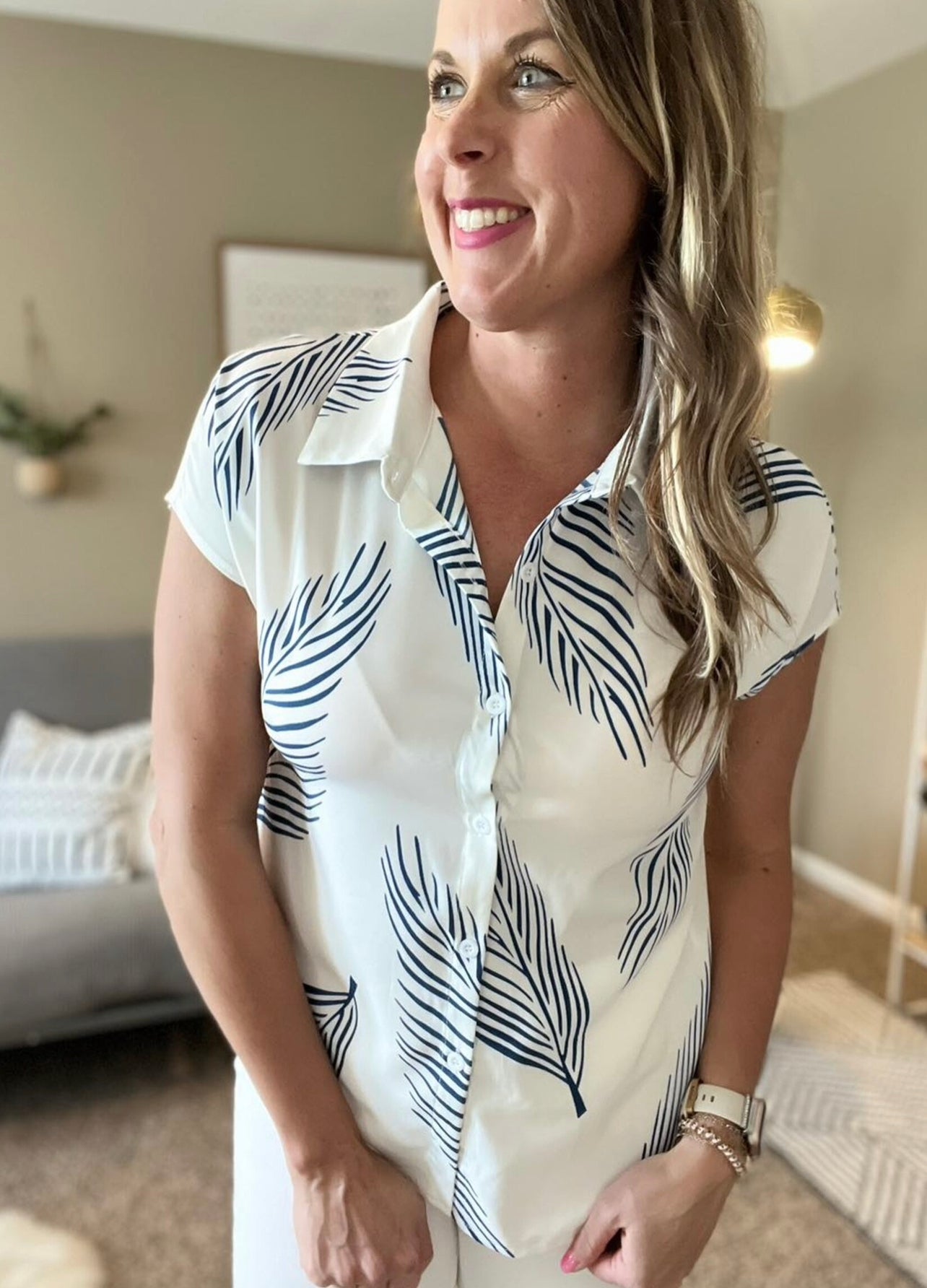 Navy leaf print blouse