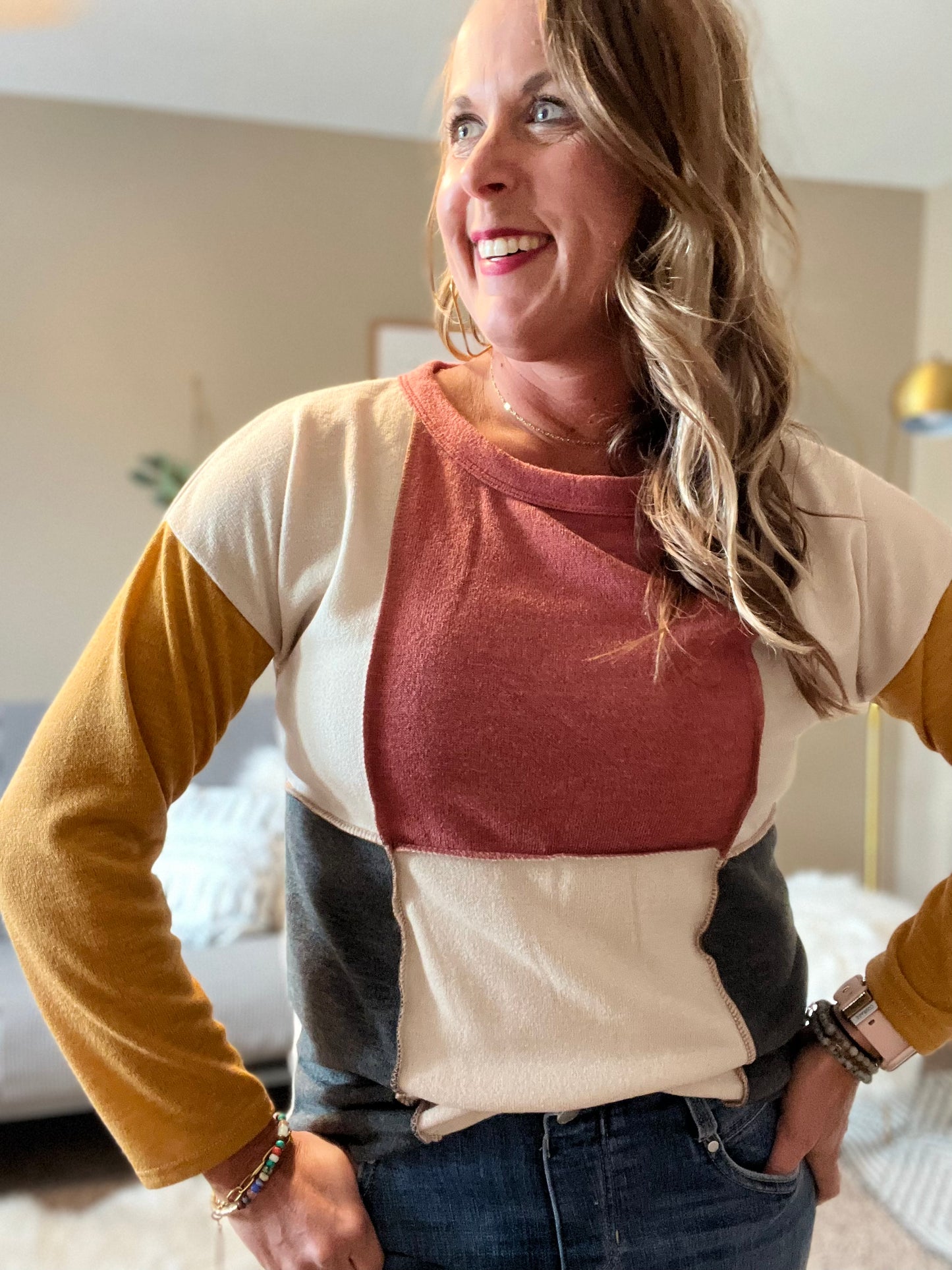 color block top rust/olive/mustard
