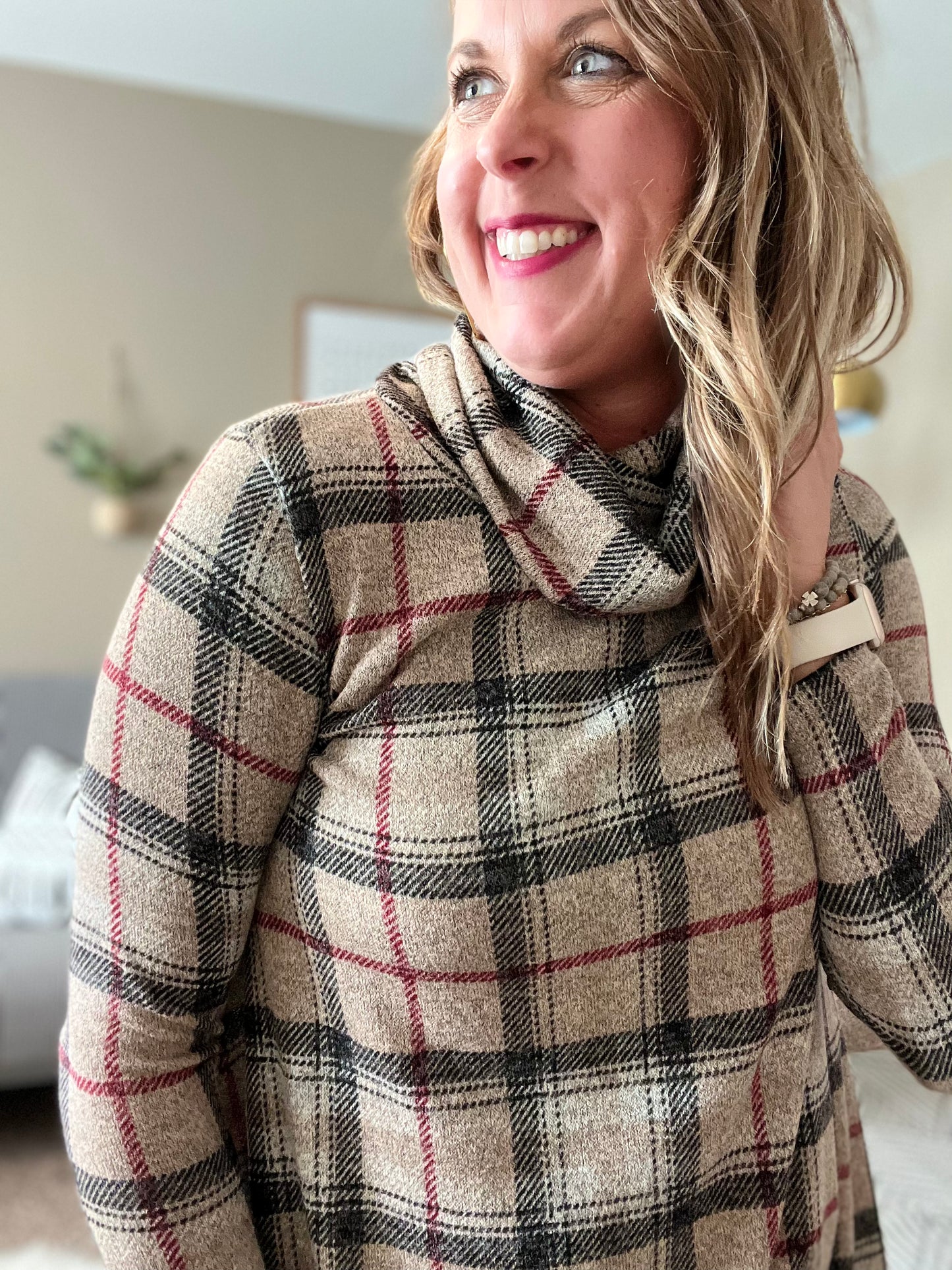 Plaid cowl neck tunic