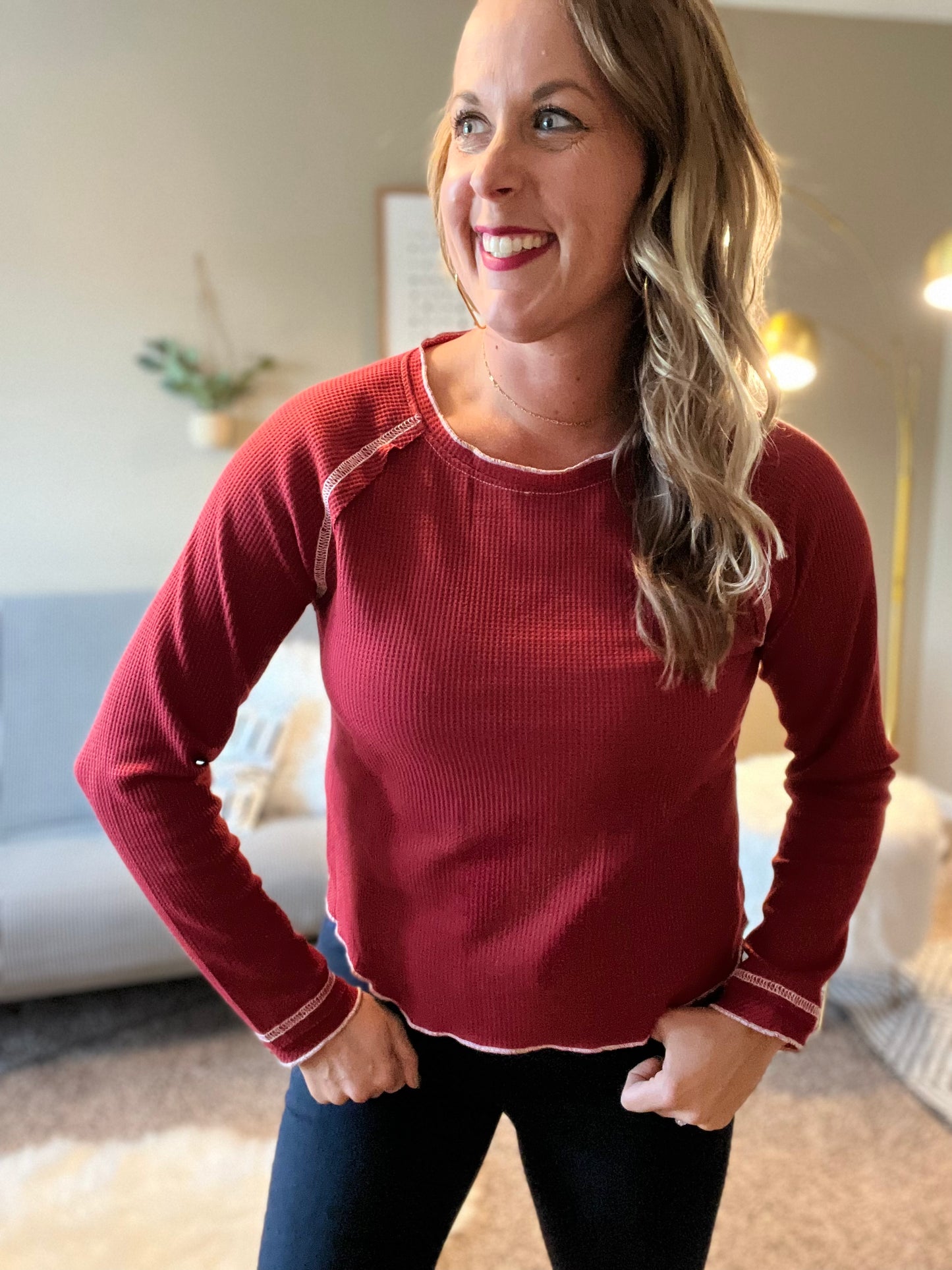 Textured round neck long sleeve top