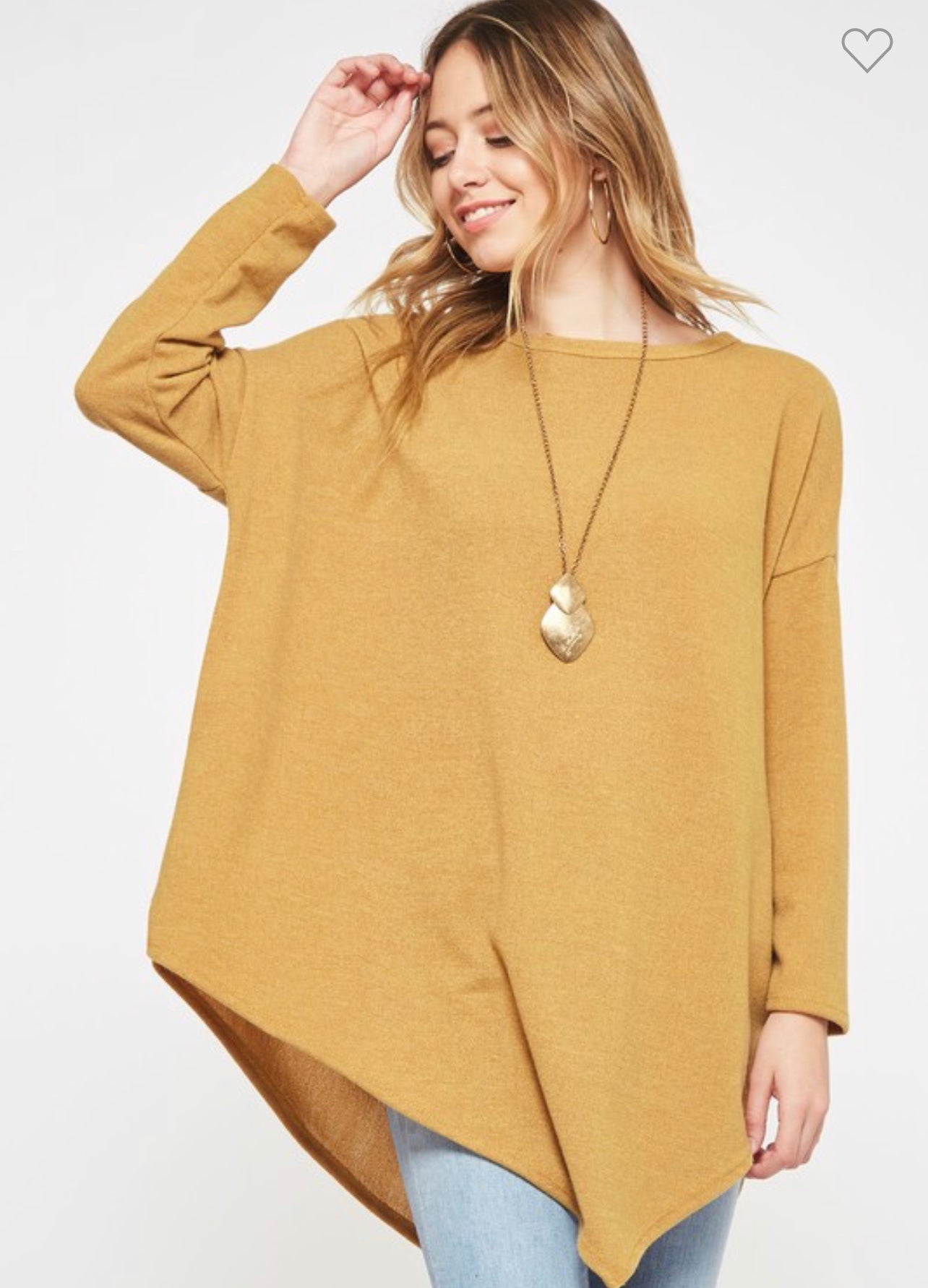 Two tone brushed sweater top with asymmetrical hem - mustard