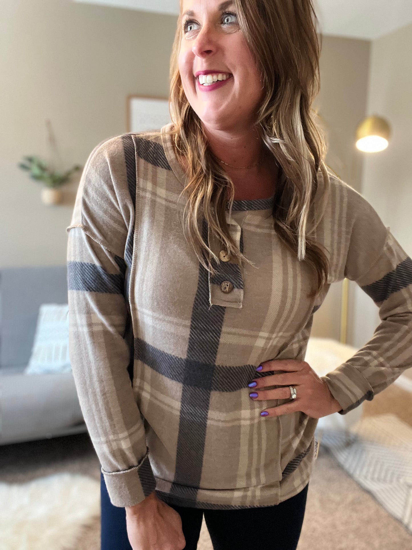 Plaid button front top