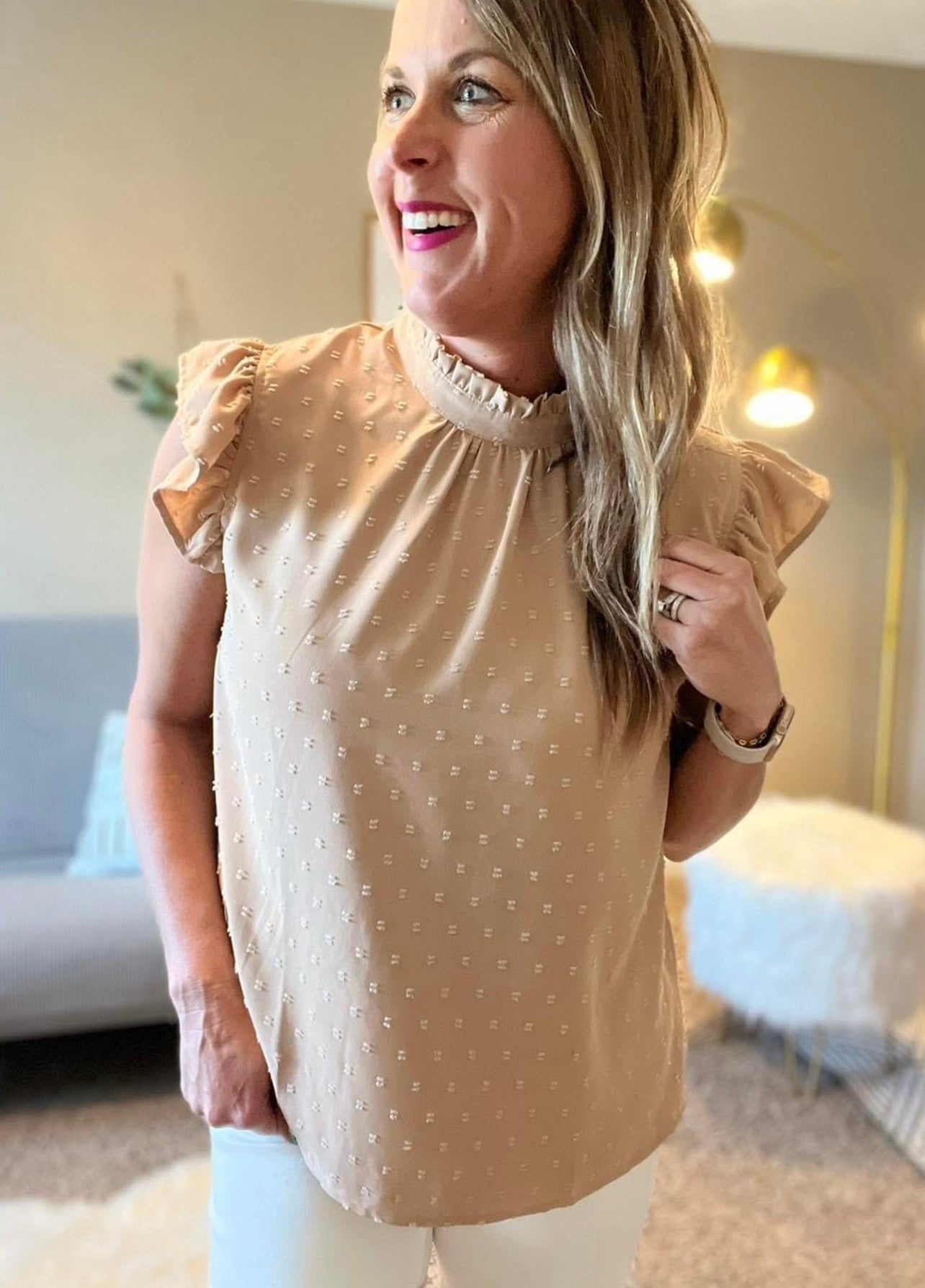 Ruffle sleeve swiss dot blouse