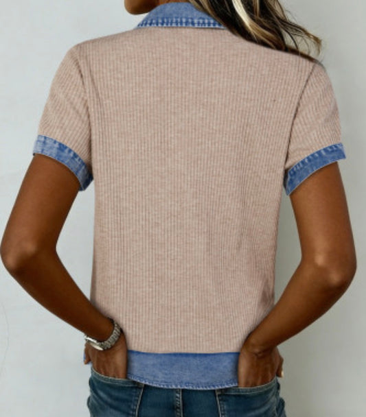 Denim button, detailed collared blouse