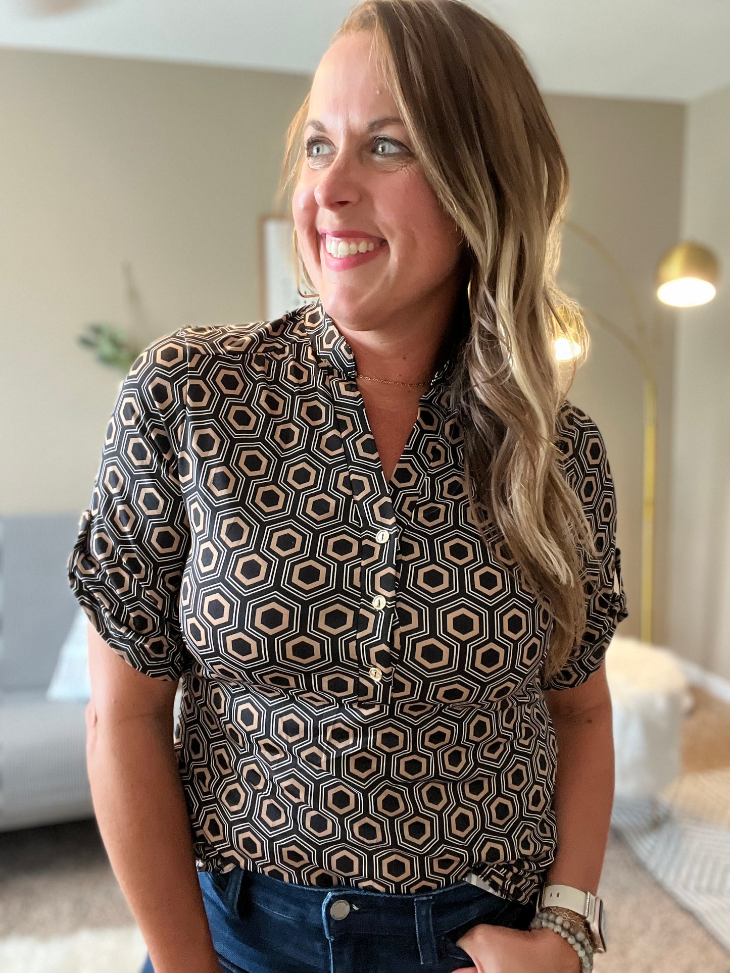 Printed collar button placket short sleeve top - multiple colors