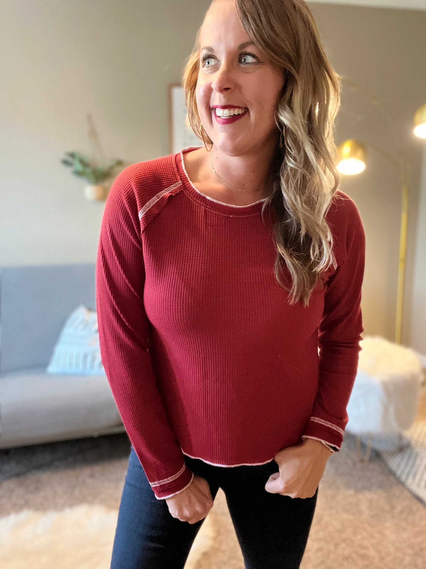Textured round neck long sleeve top