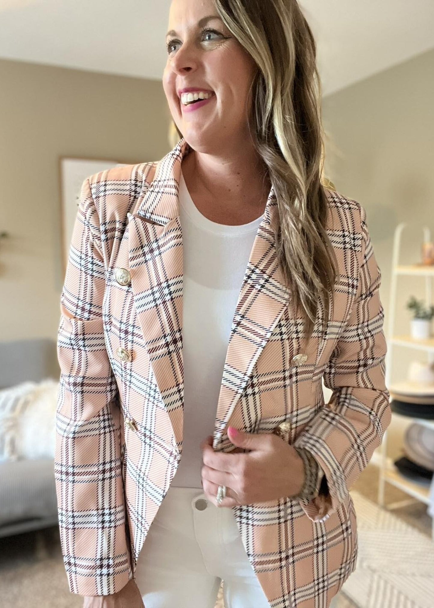 Plaid print blazer with double breast buttons