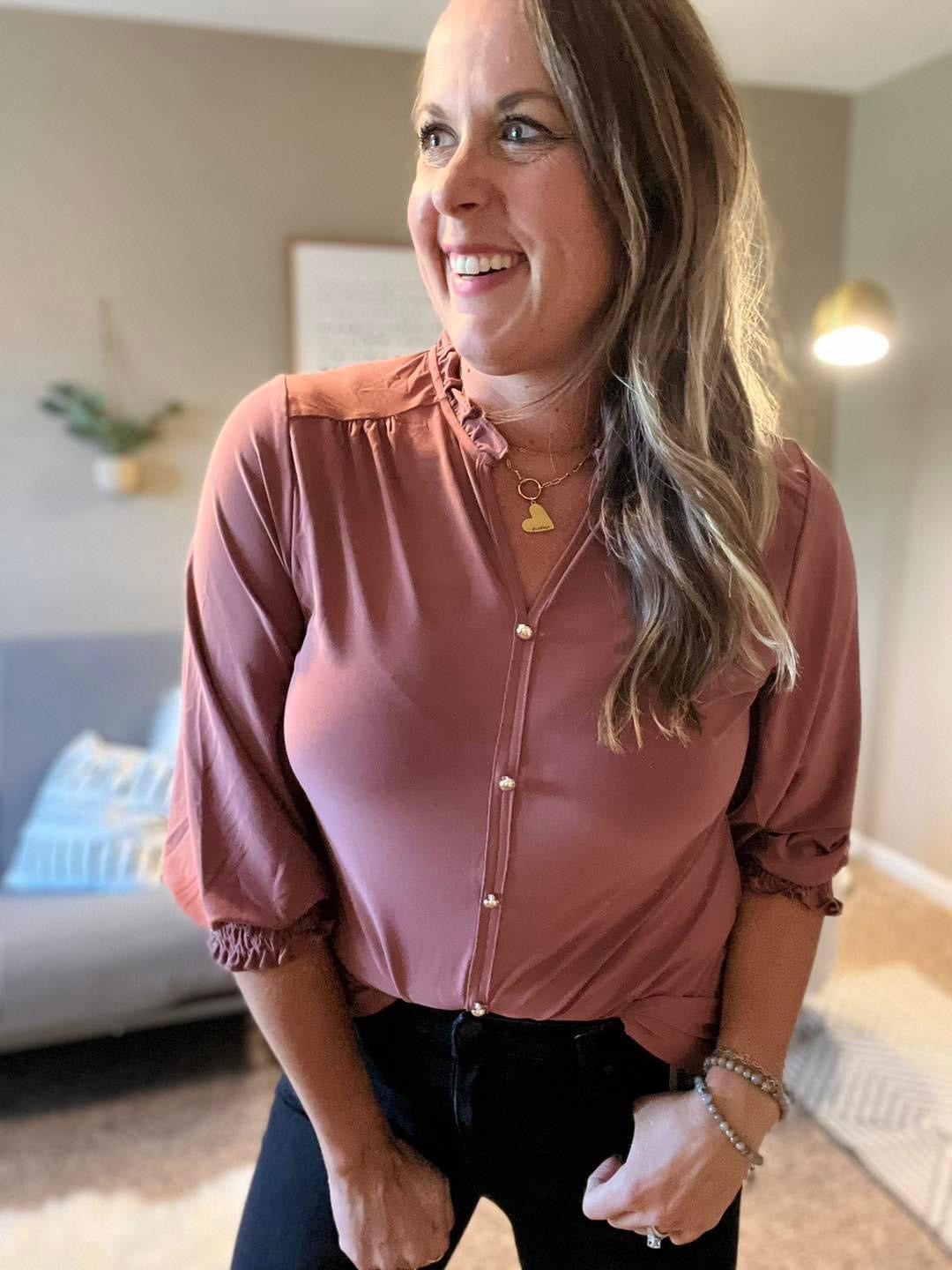 Ruffle neck button front smocked sleeve blouse
