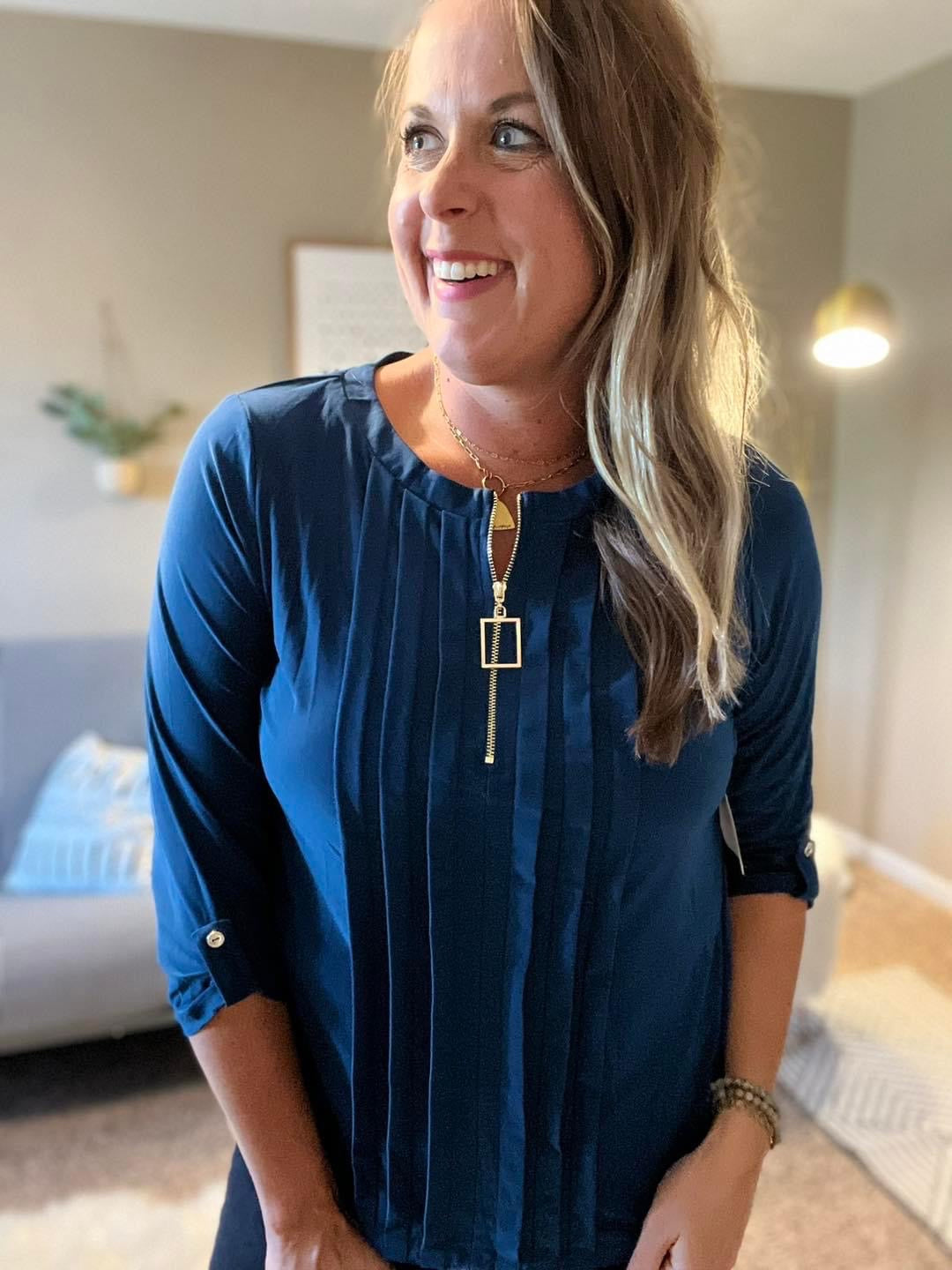 Square ring zipper pleated top - teal
