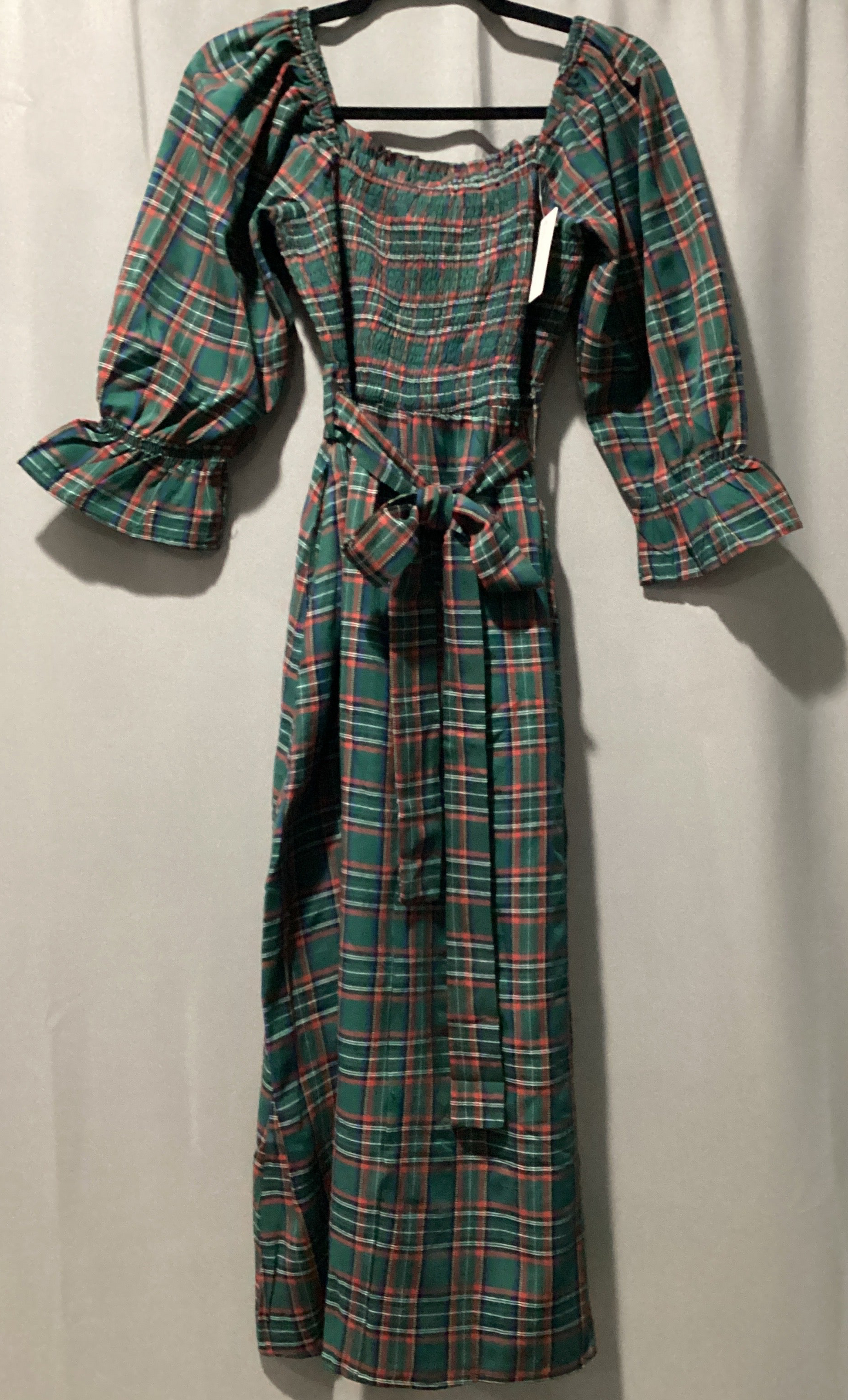 Tartan plaid square neck, puff sleeve midi dress