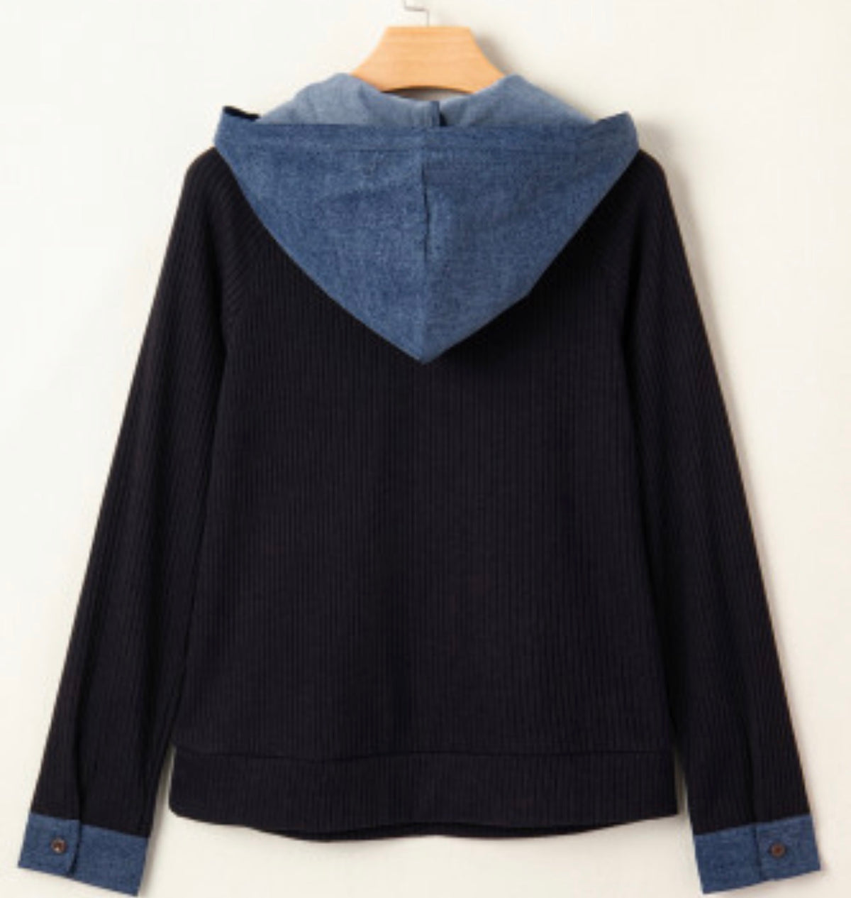 Denim patchwork, hooded, long sleeve top