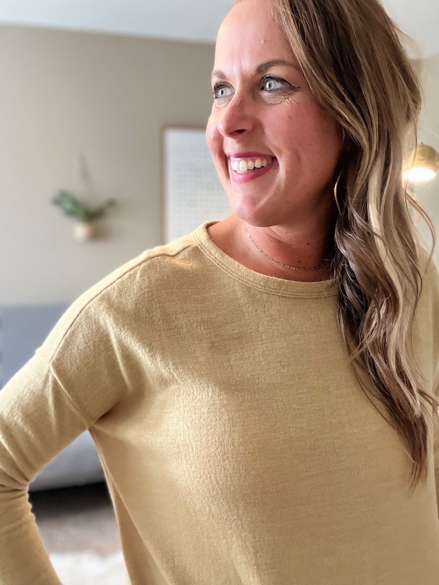 Two tone brushed sweater top with asymmetrical hem - mustard