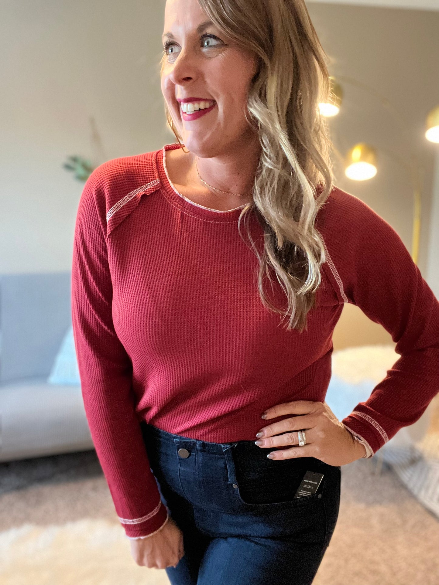 Textured round neck long sleeve top