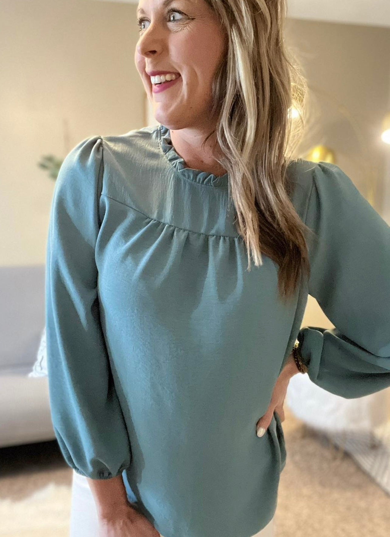 Long sleeve ruffle neck blouse - seafoam