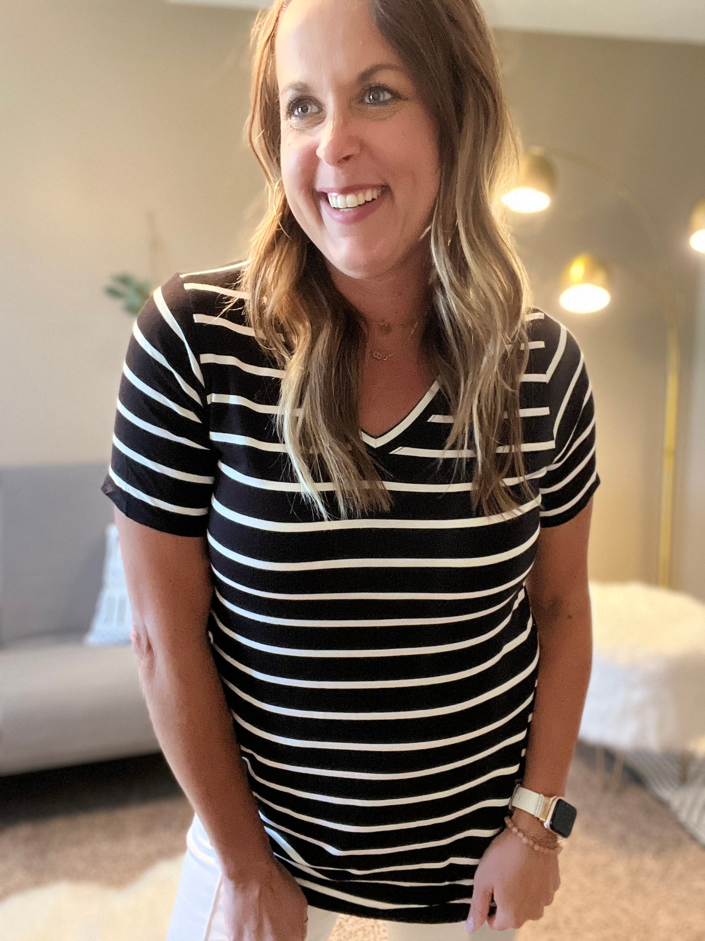 Stripe v neck short sleeve top - lt green or black