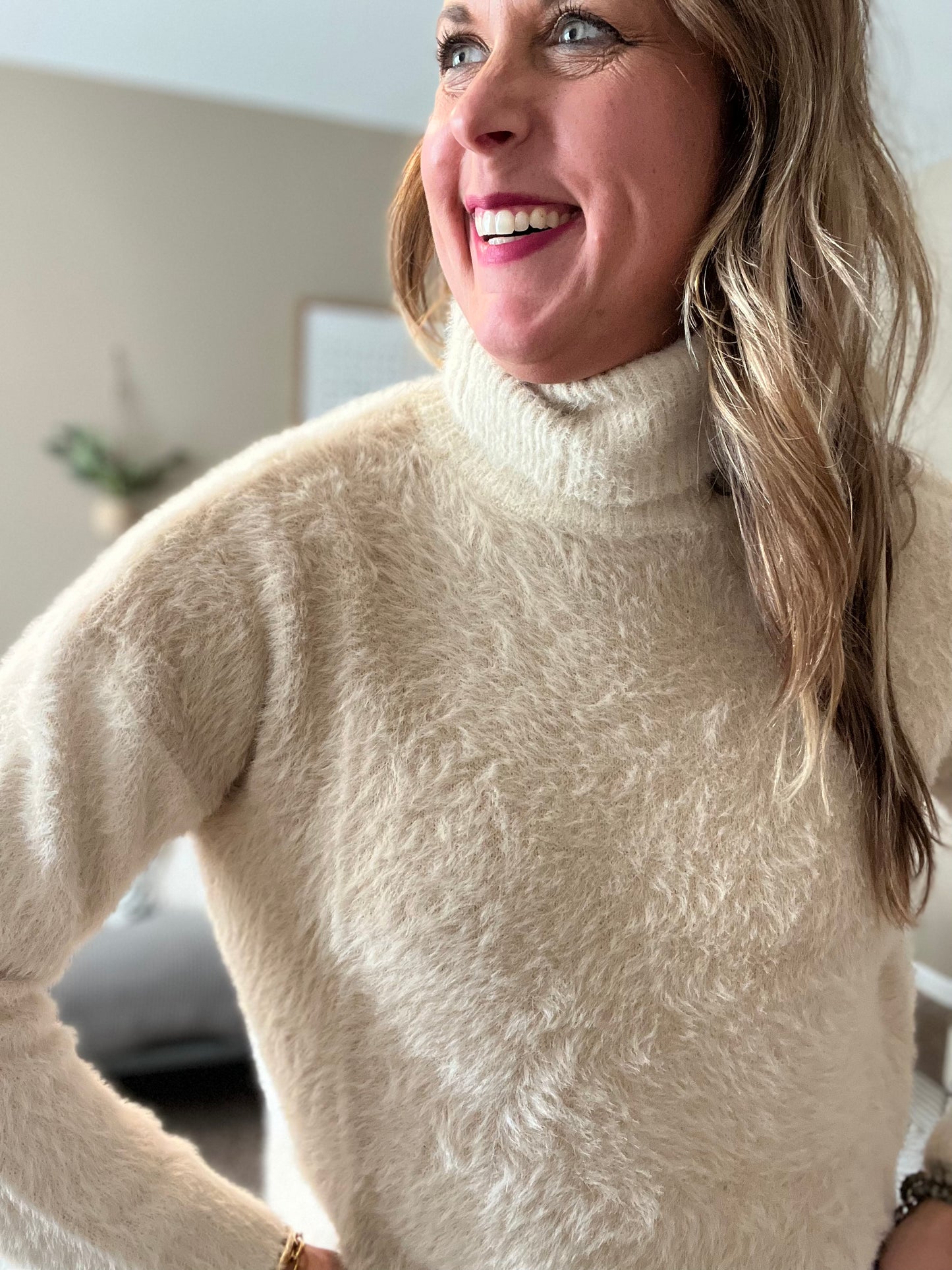 Fuzzy turtleneck sweater