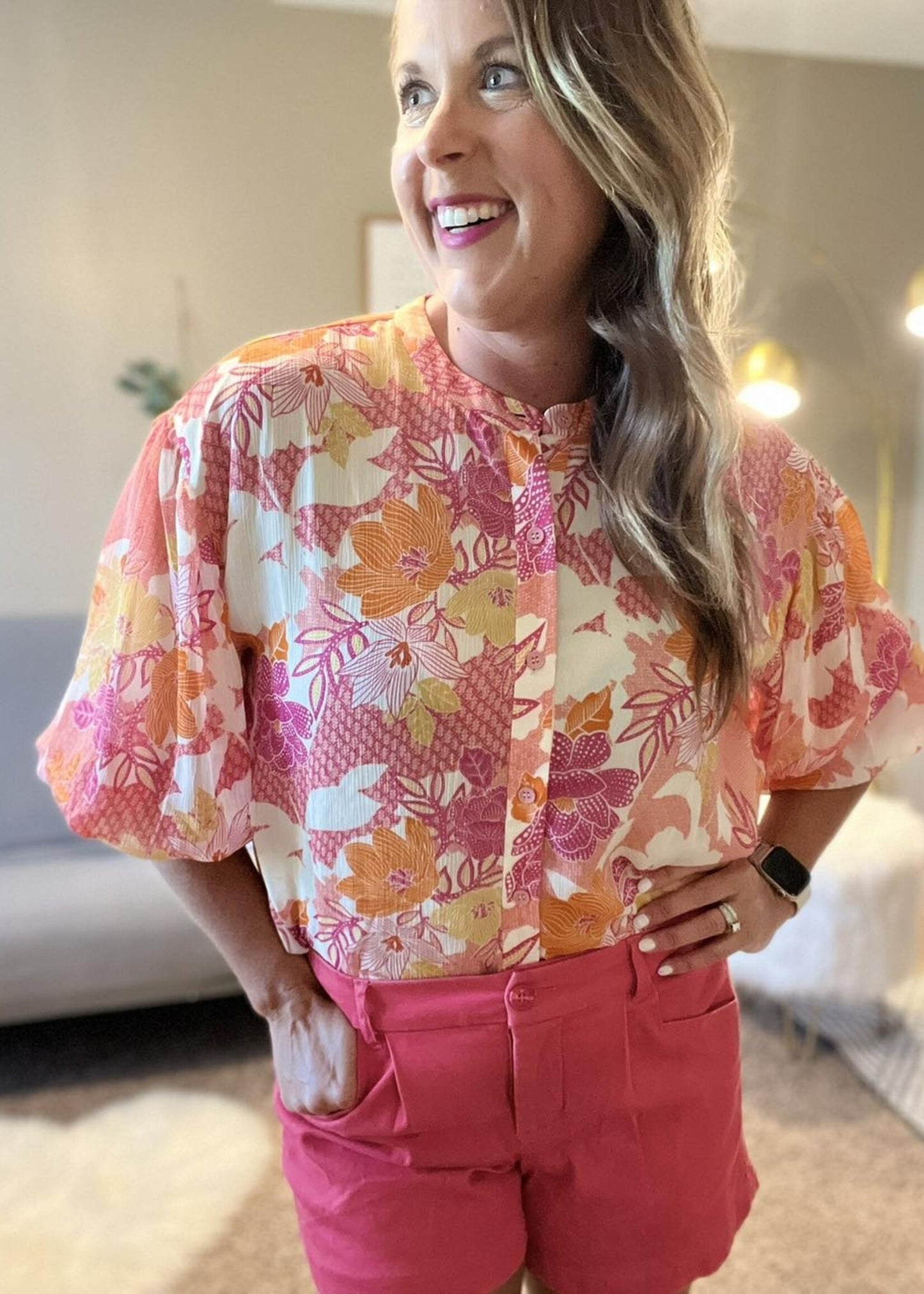 Floral print balloon sleeve blouse