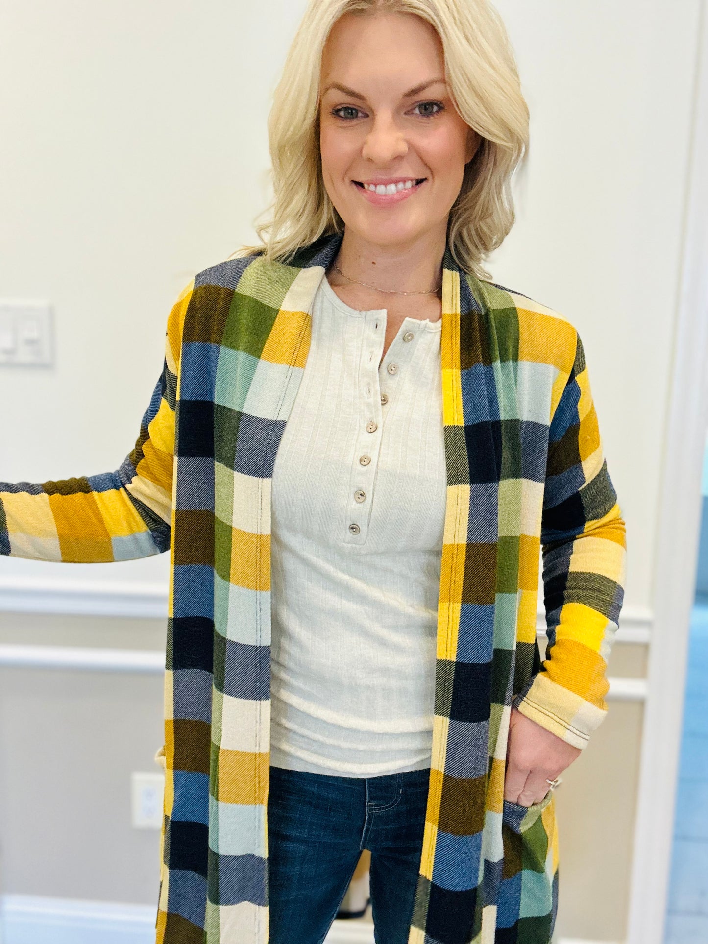 Fuzzy plaid cardigan
