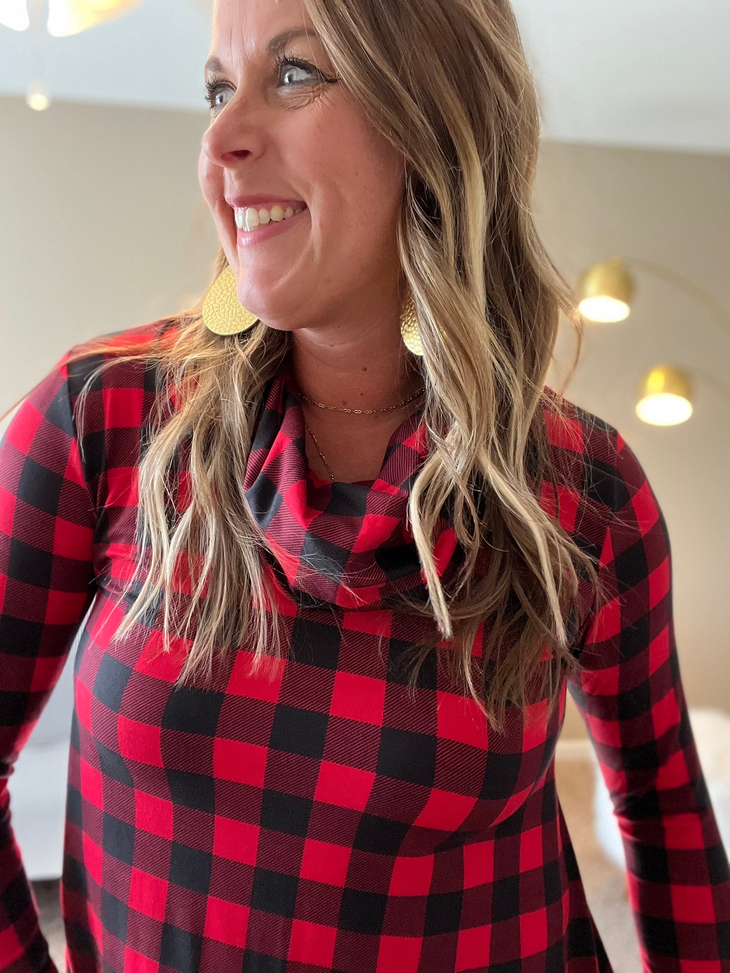 Red check cowl neck tunic