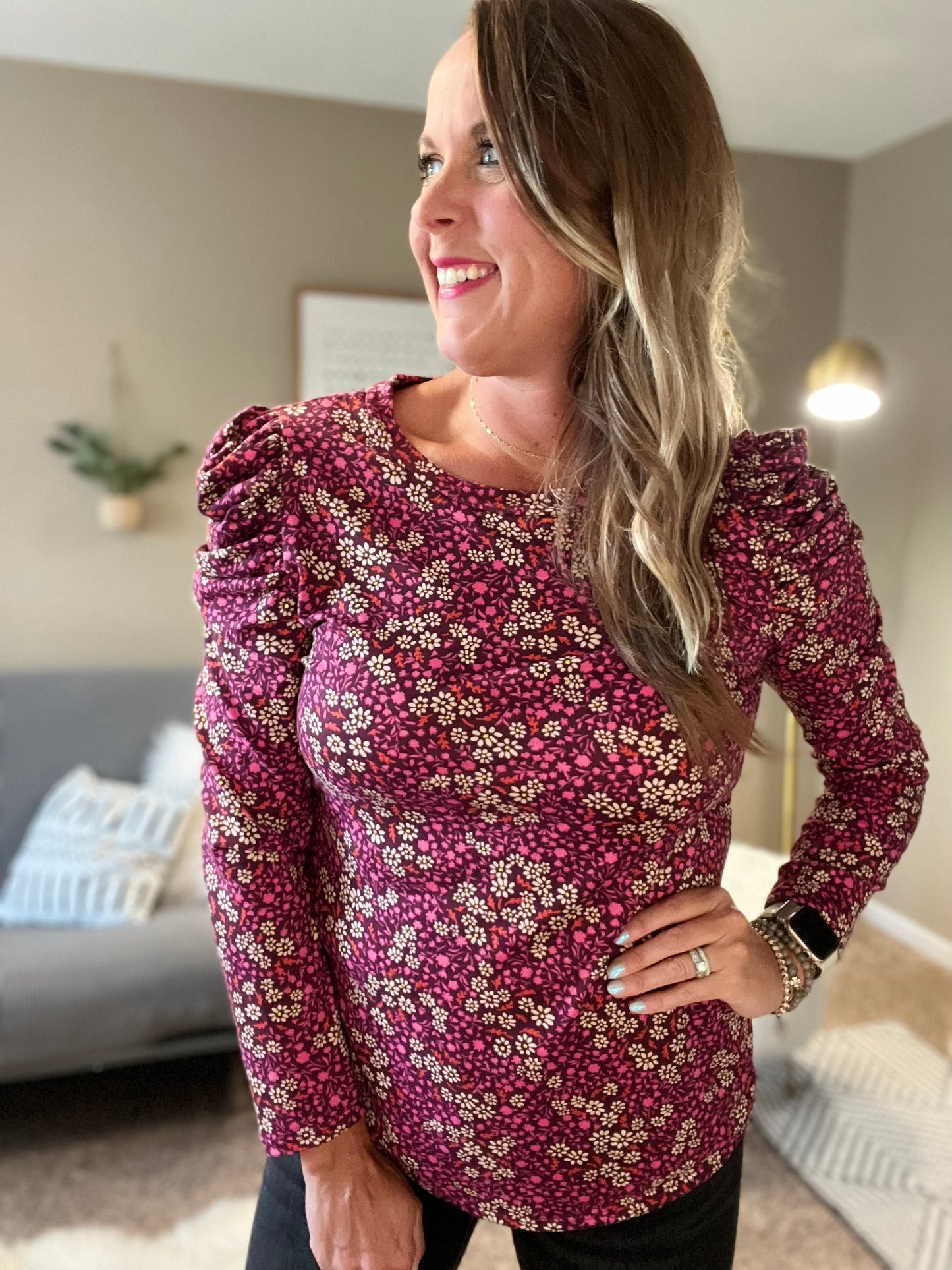 Long puff sleeve print top black/purple