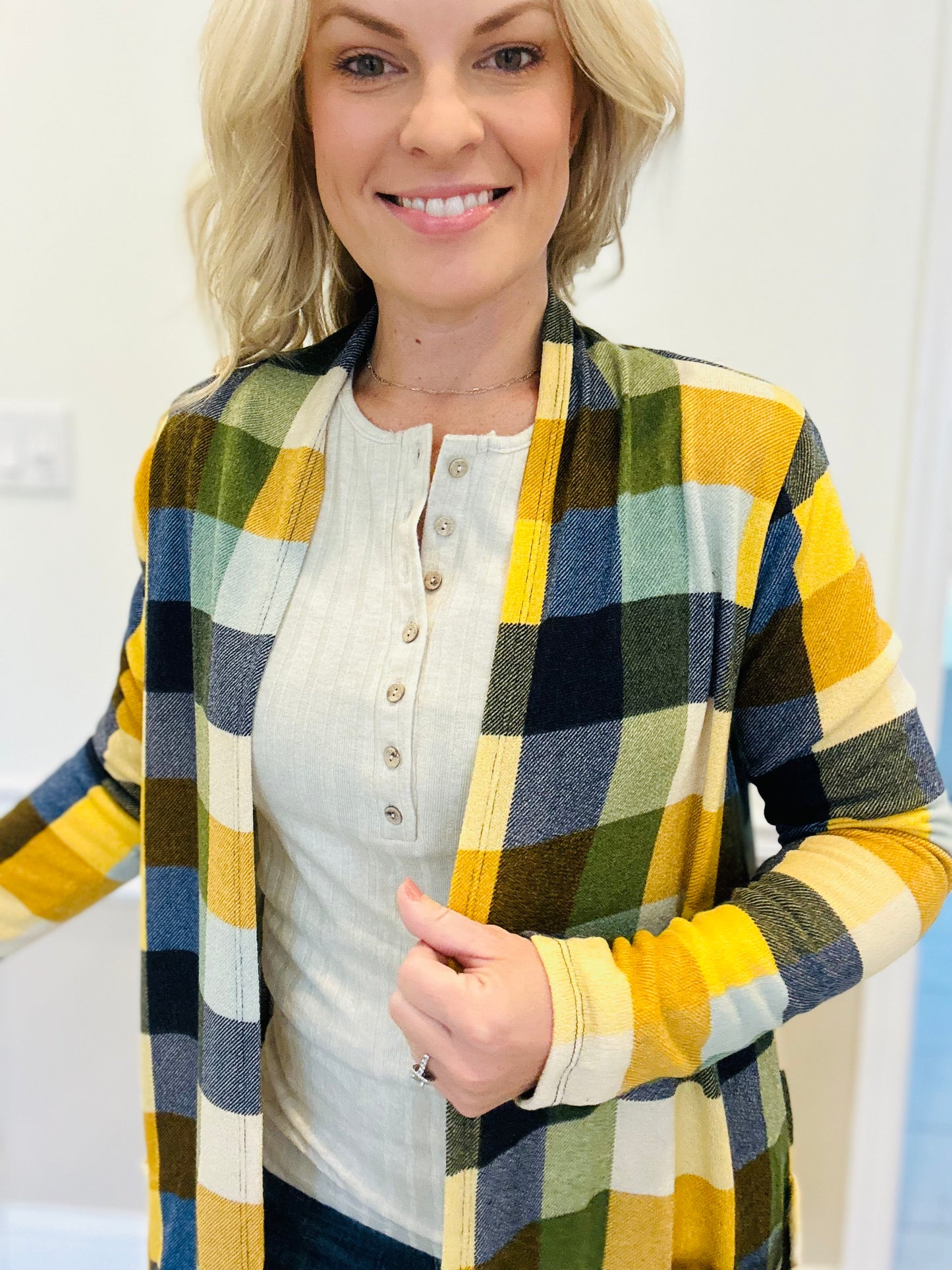 Fuzzy plaid cardigan