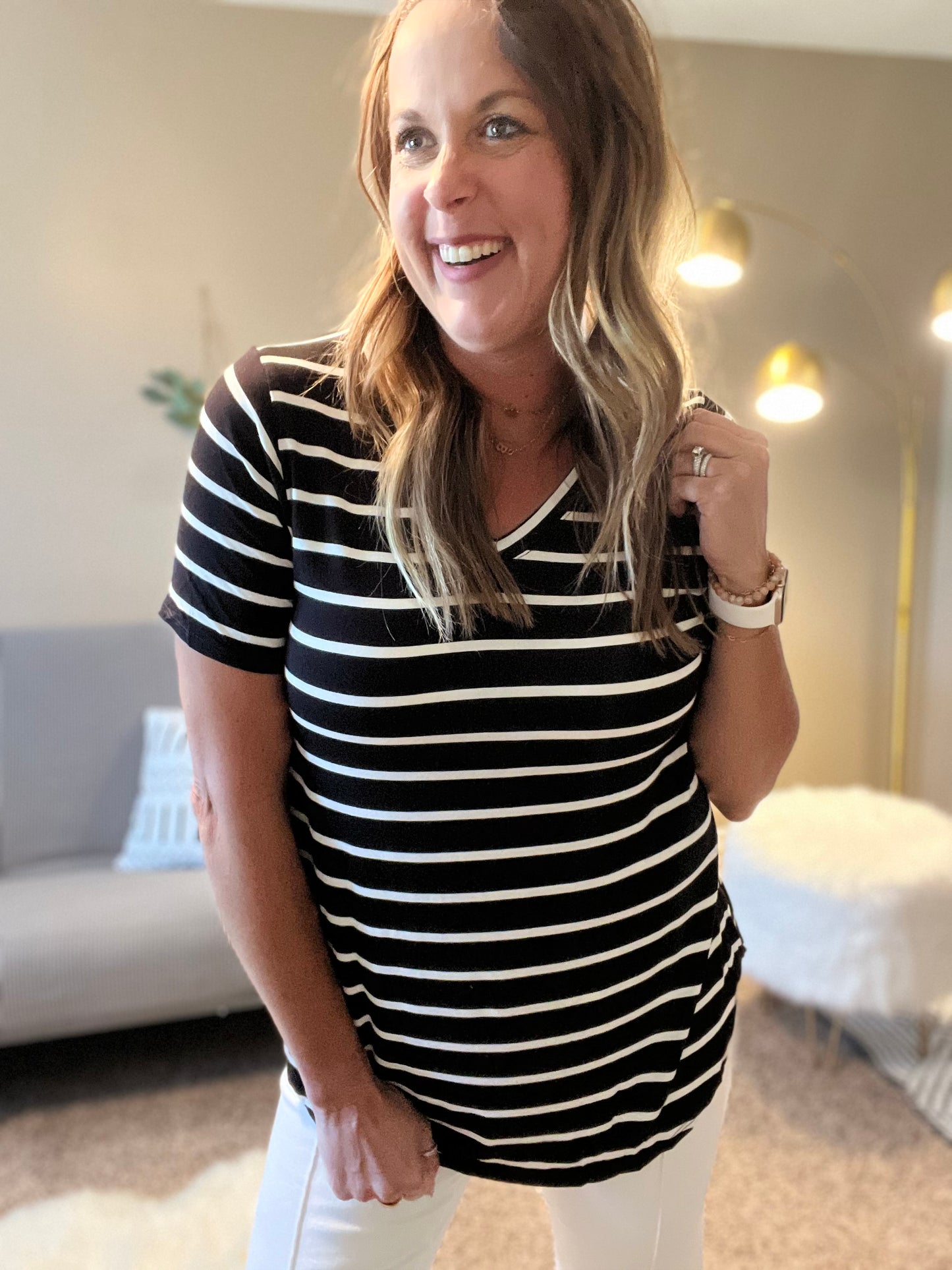 Stripe v neck short sleeve top - lt green or black