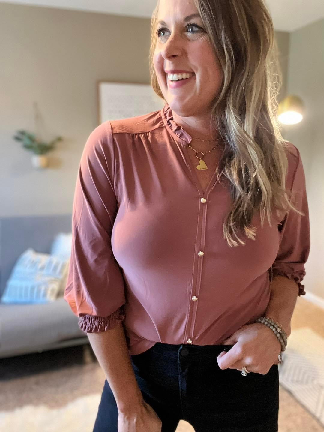 Ruffle neck button front smocked sleeve blouse