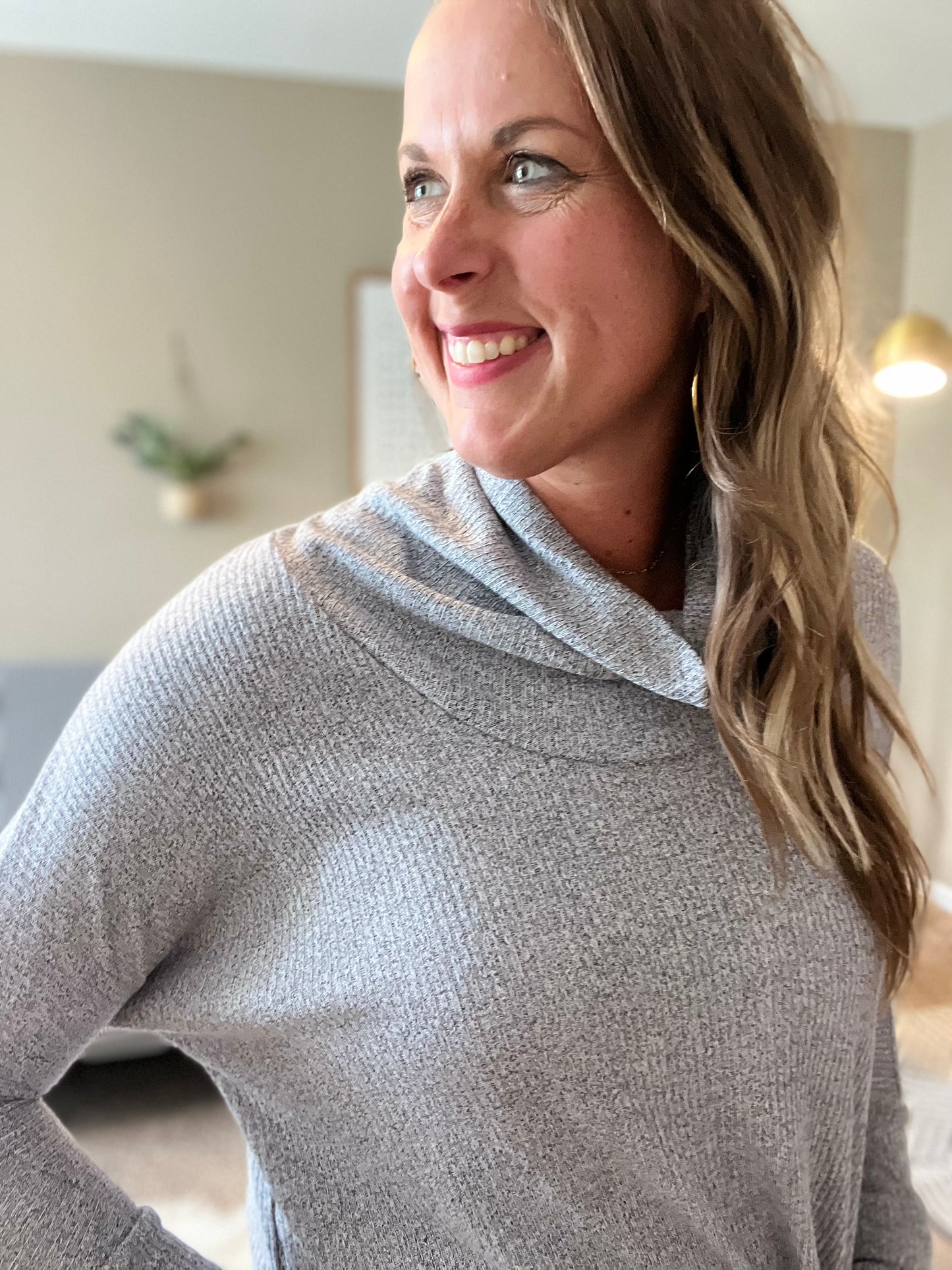 Cowl neck waffle knit top with draping detail in front - gray