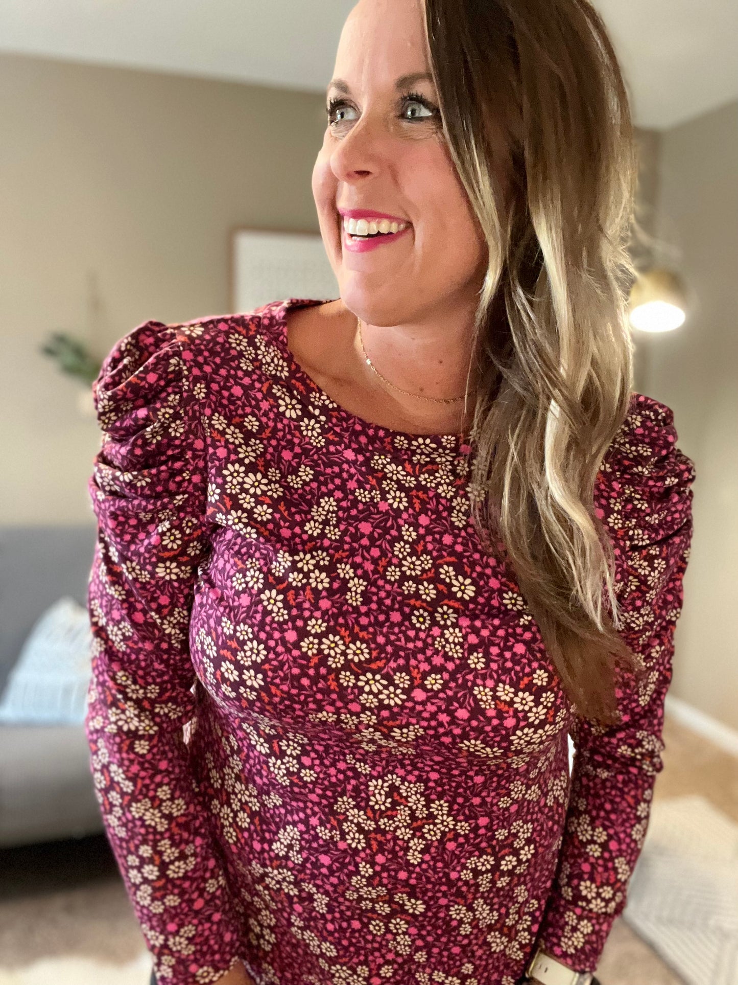 Long puff sleeve print top black/purple