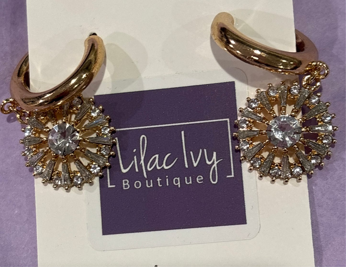 Small gold hoop with rhinestone Sunburst drop