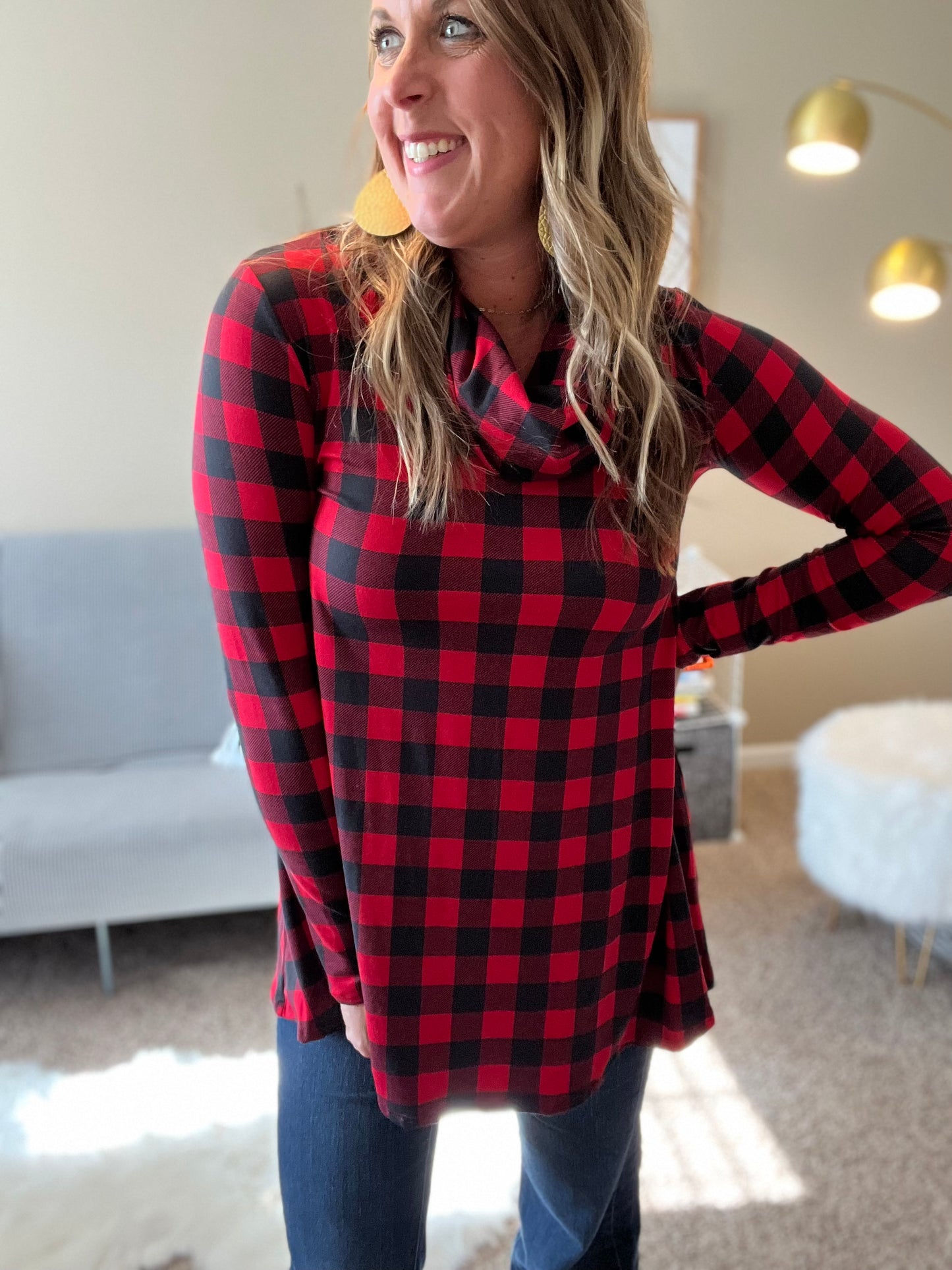 Red check cowl neck tunic