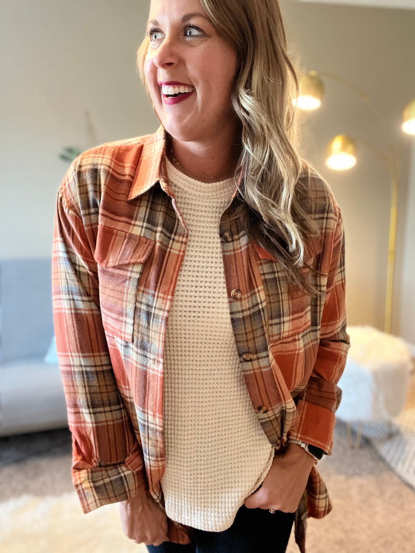 Plaid print flap pocket shirt