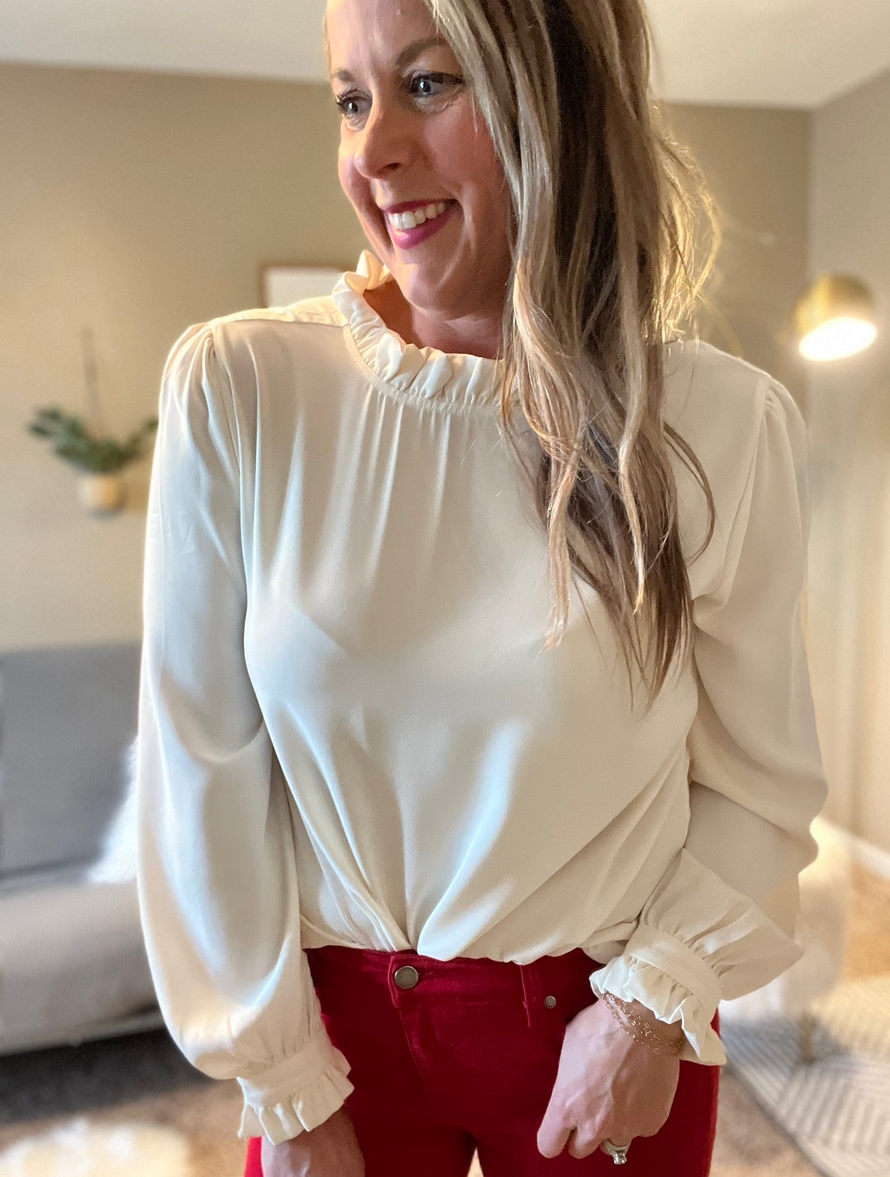 Ruffle neck and puff sleeve blouse - cream