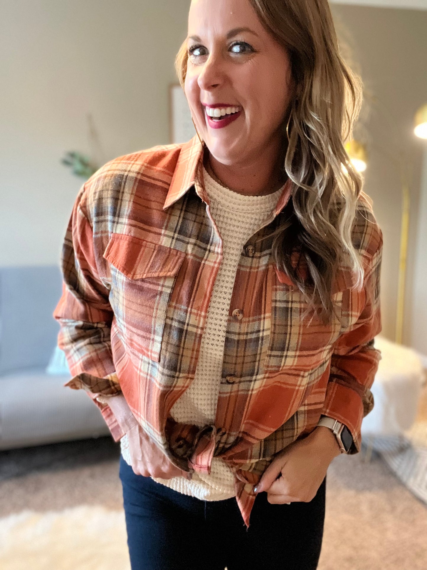 Plaid print flap pocket shirt
