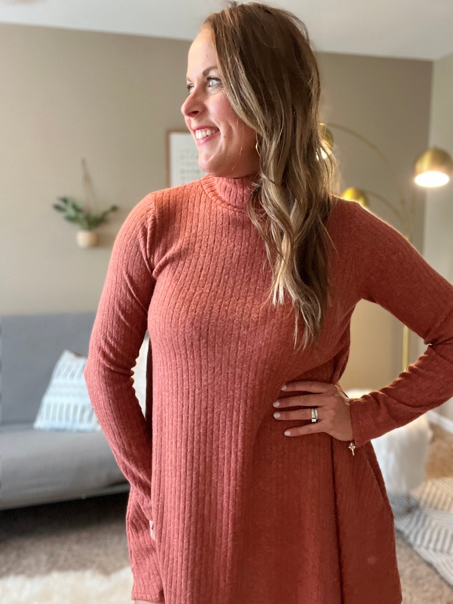 Solid ribbed brushed sweater dress - rust