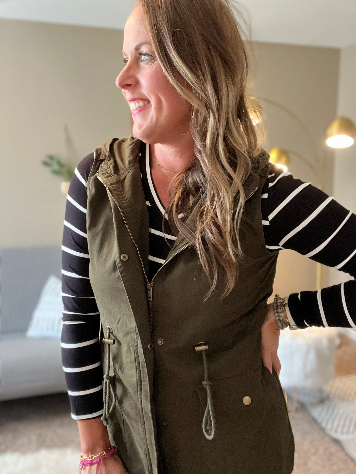 Drawstring waist military hoodie vest