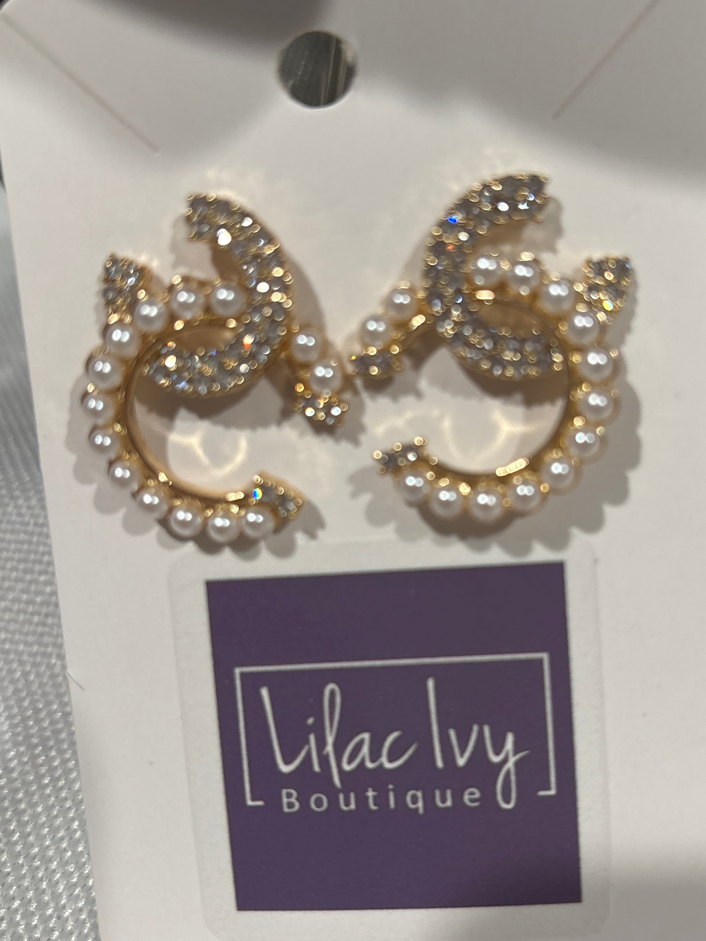 Pearl and rhinestone double C earrings