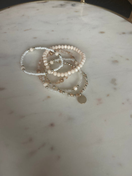 5 Piece White/Blush Bracelets with Charm