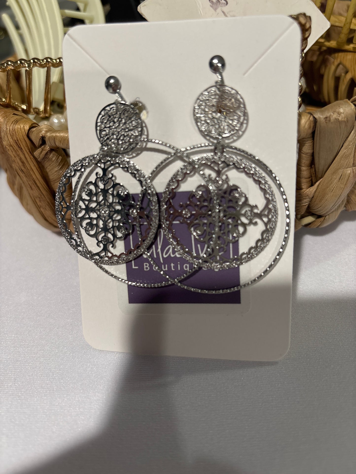 Silver round, snowflake earrings, clip