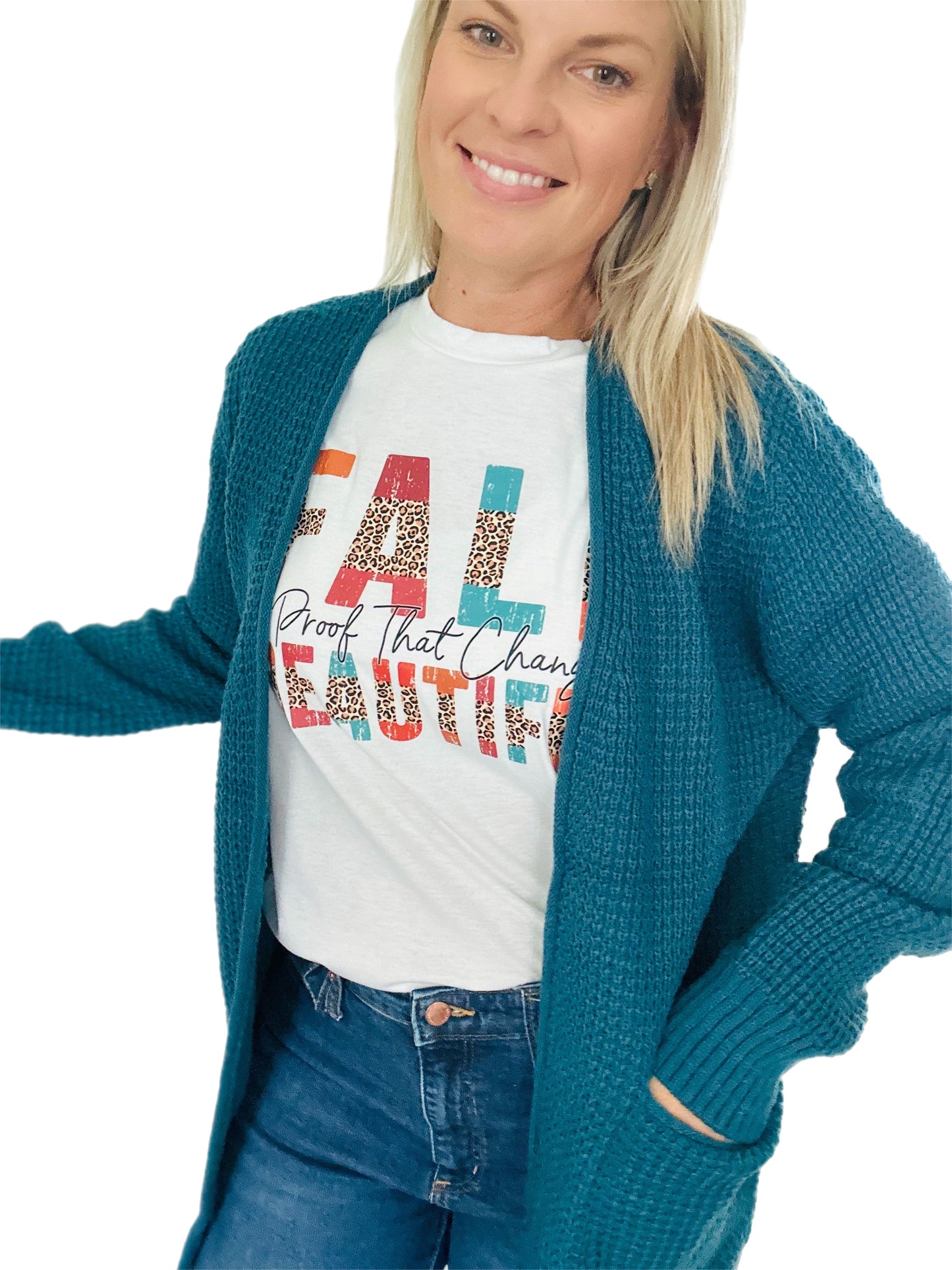 Waffle knit cardigan with front pockets - teal or magenta