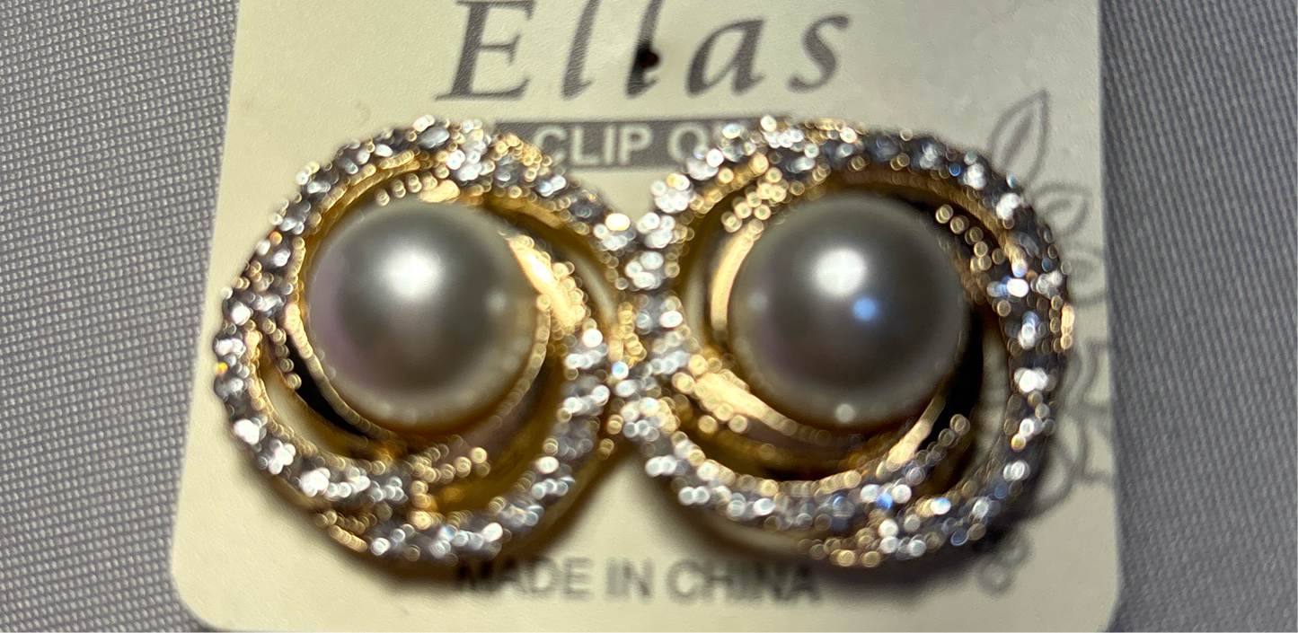 Pearl clip on earrings with gold and rhinestones