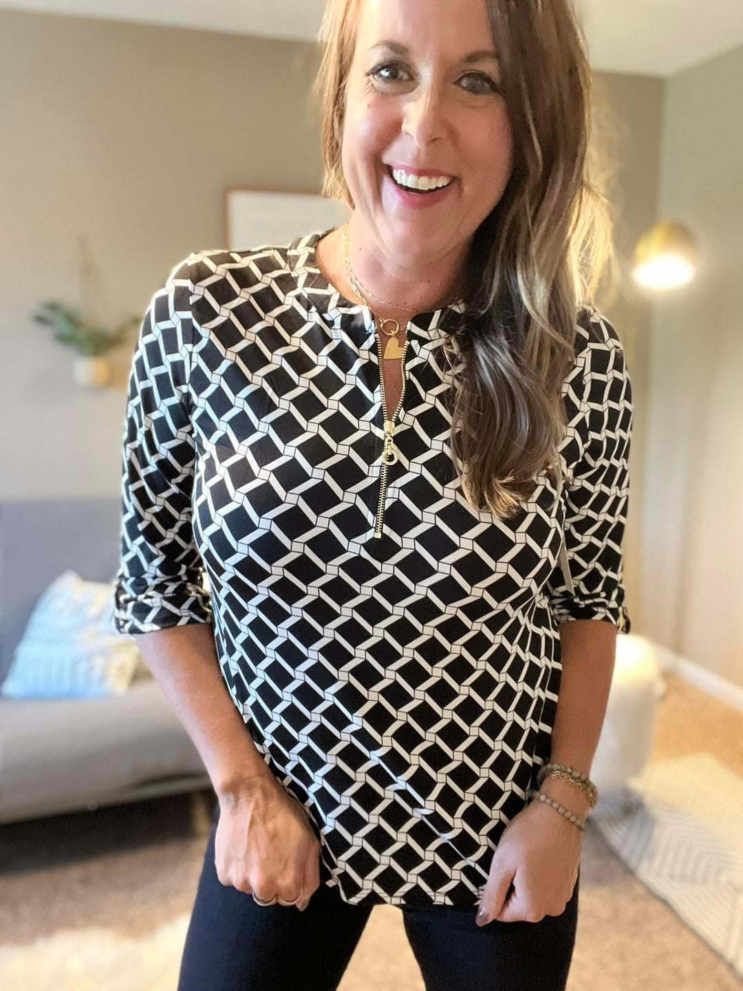 O-Ring zip printed blouse