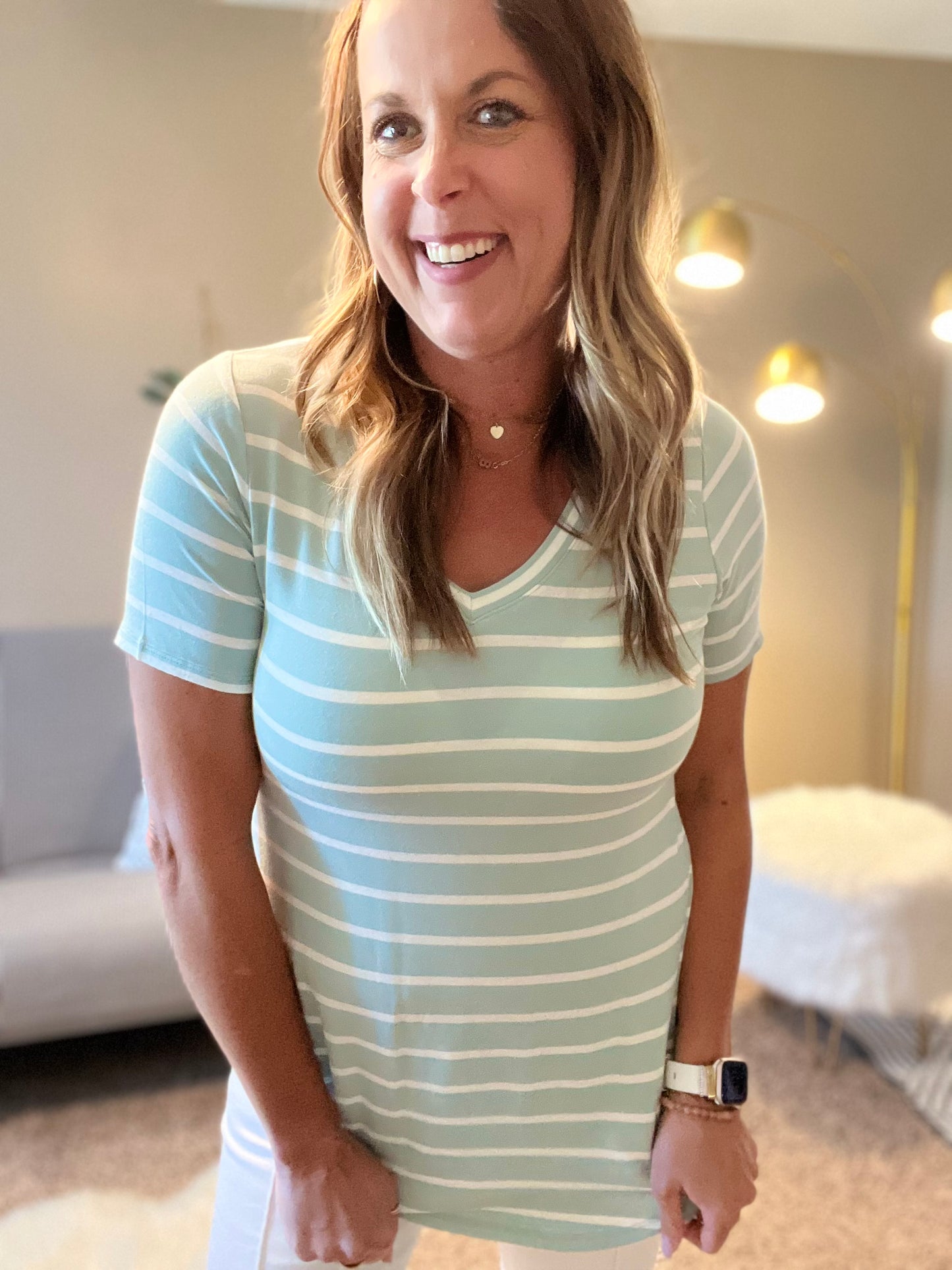 Stripe v neck short sleeve top - lt green or black