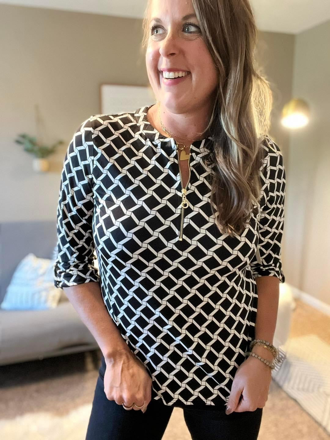 O-Ring zip printed blouse
