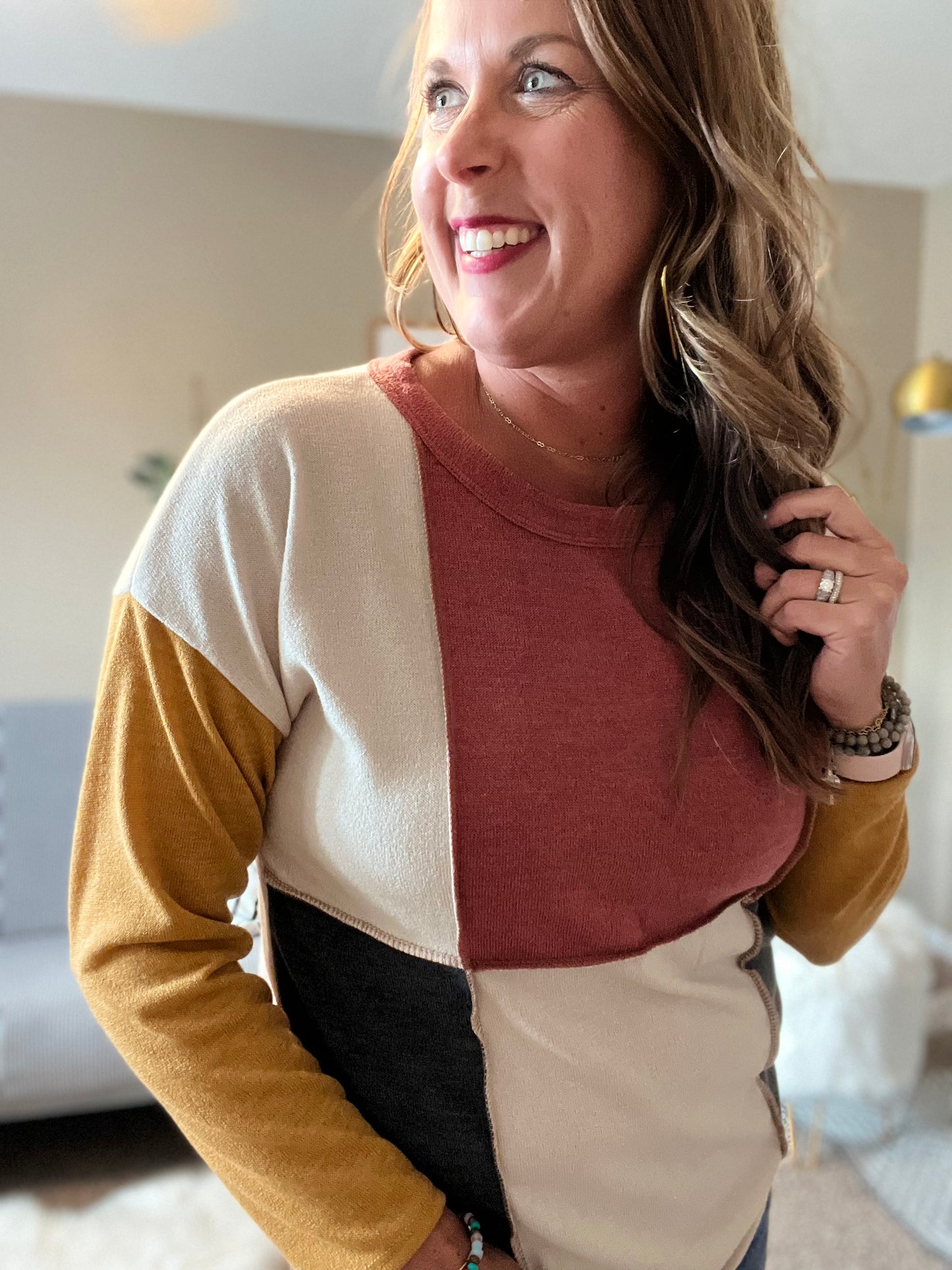 color block top rust/olive/mustard