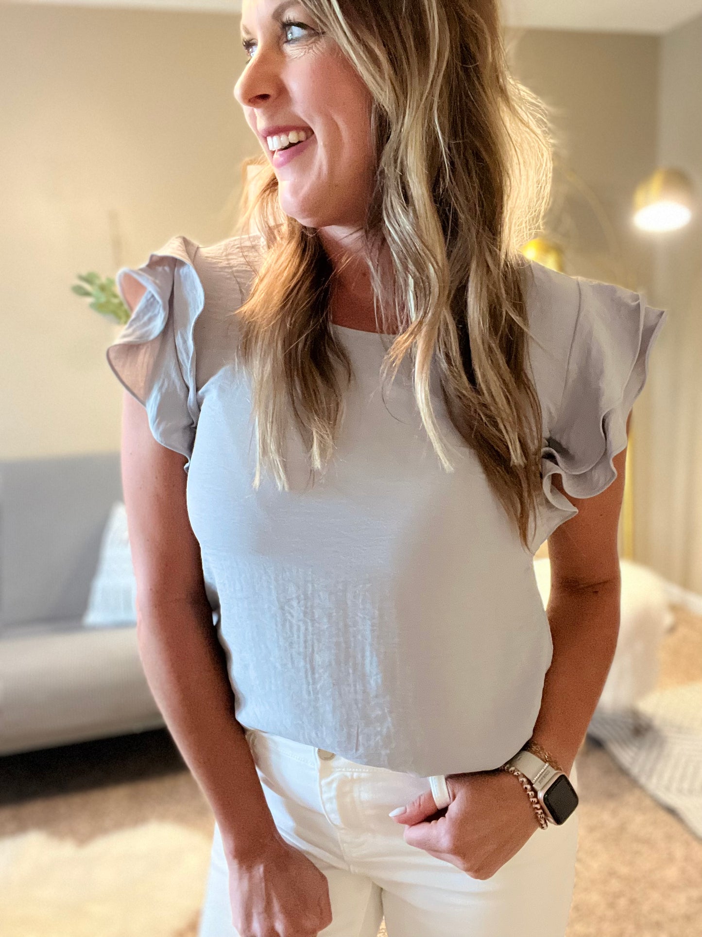 Silver Ruffle Sleeve Blouse