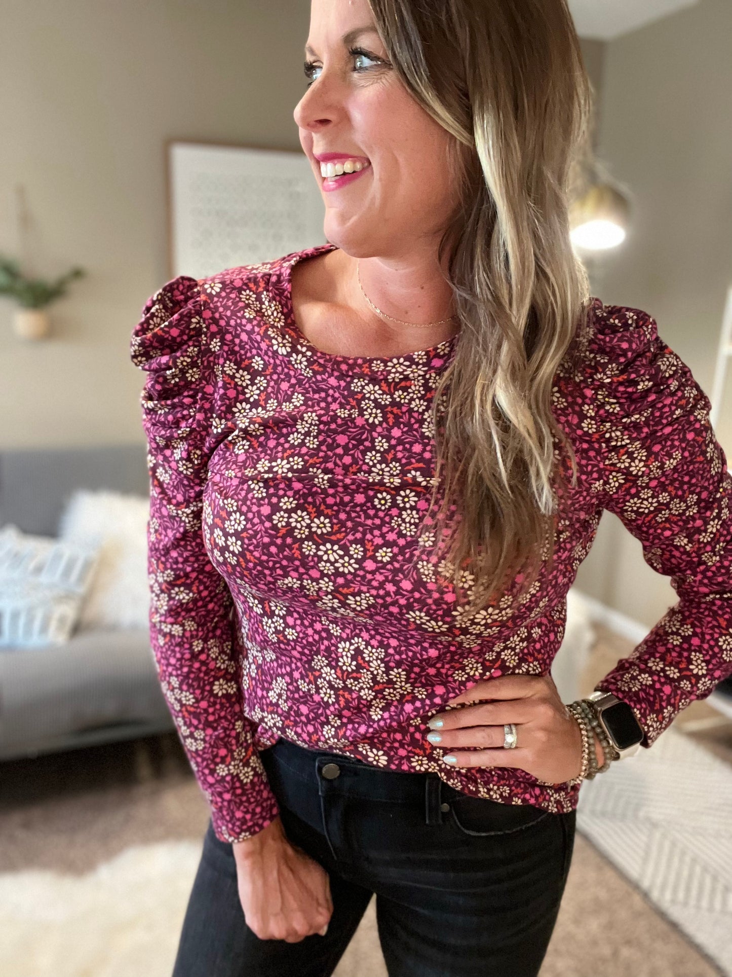 Long puff sleeve print top black/purple