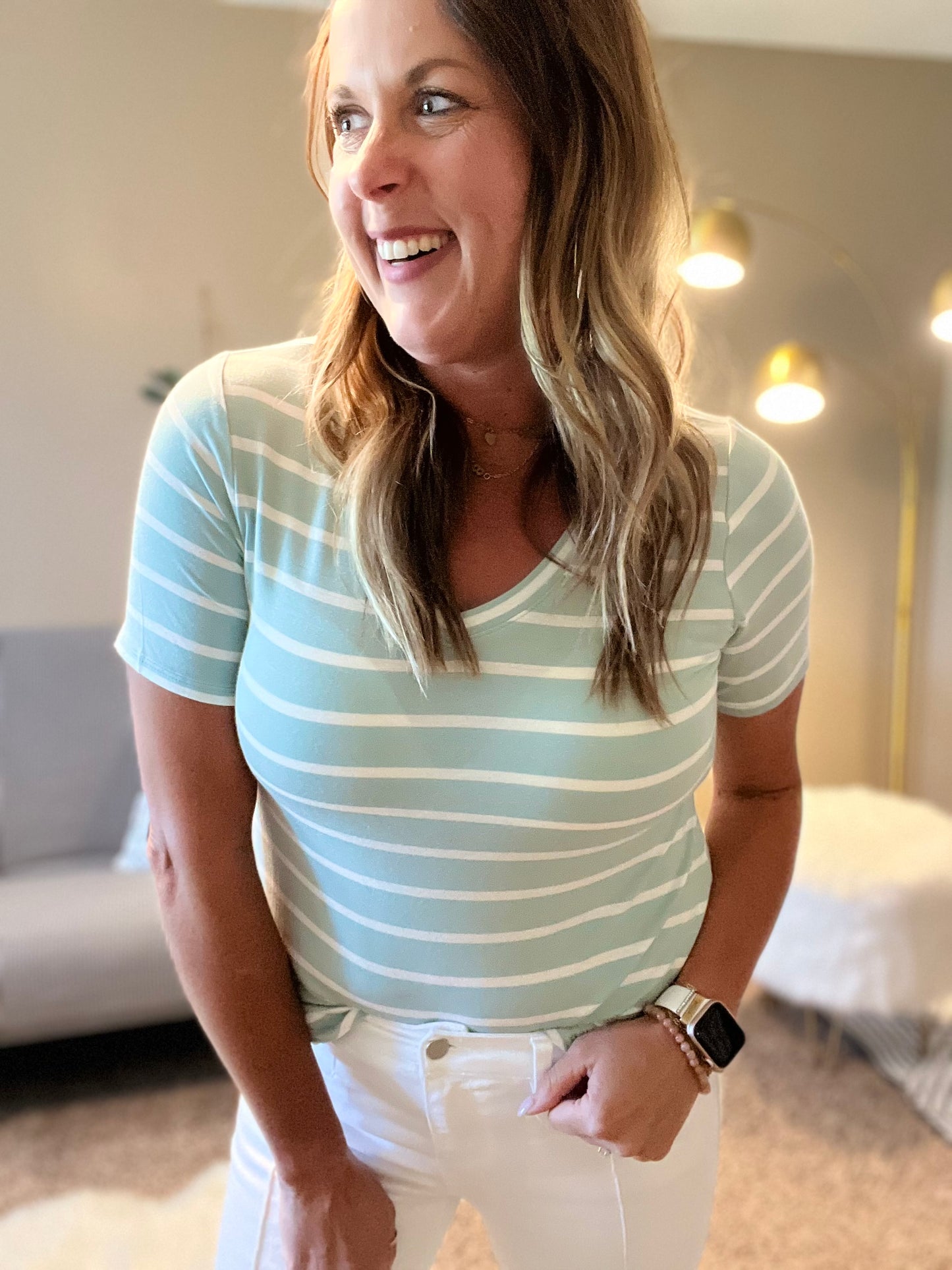 Stripe v neck short sleeve top - lt green or black