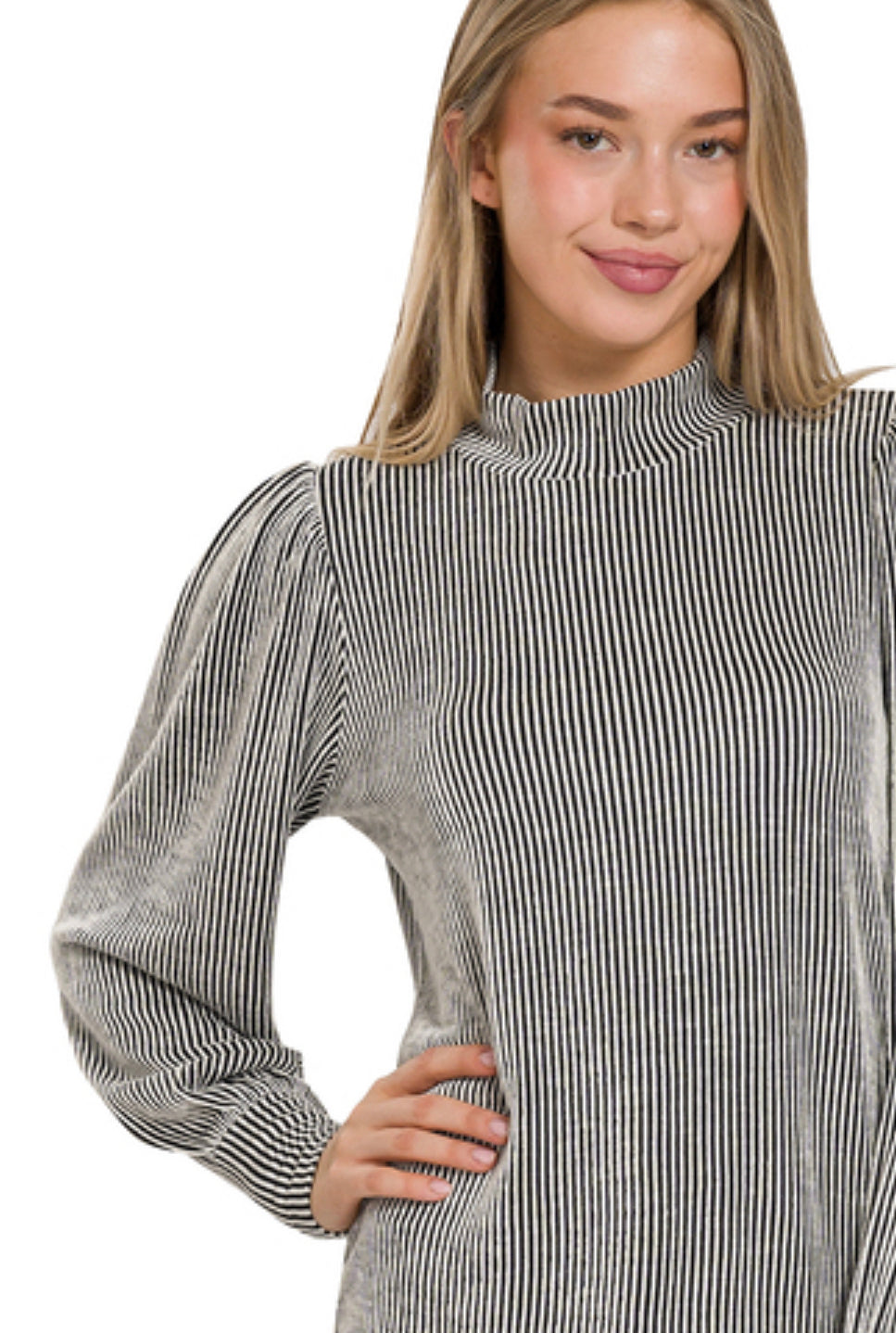 Ribbed mock neck puff long sleeve top